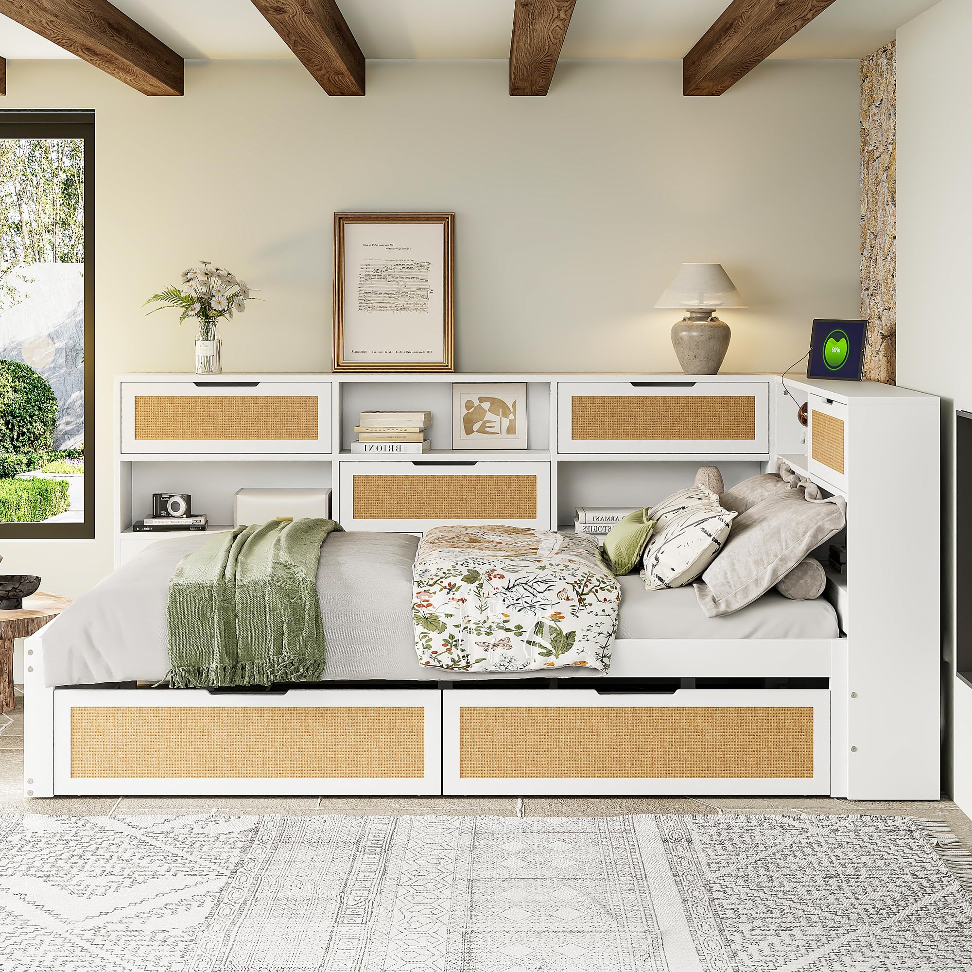 Łóżko dwuosobowe, 140 x 200 cm, drewniana sofa z szufladami i ramą łóżka, z zagłówkiem, modułami z przegrodami i listwami do nowoczesnych mieszkań, kolor biały