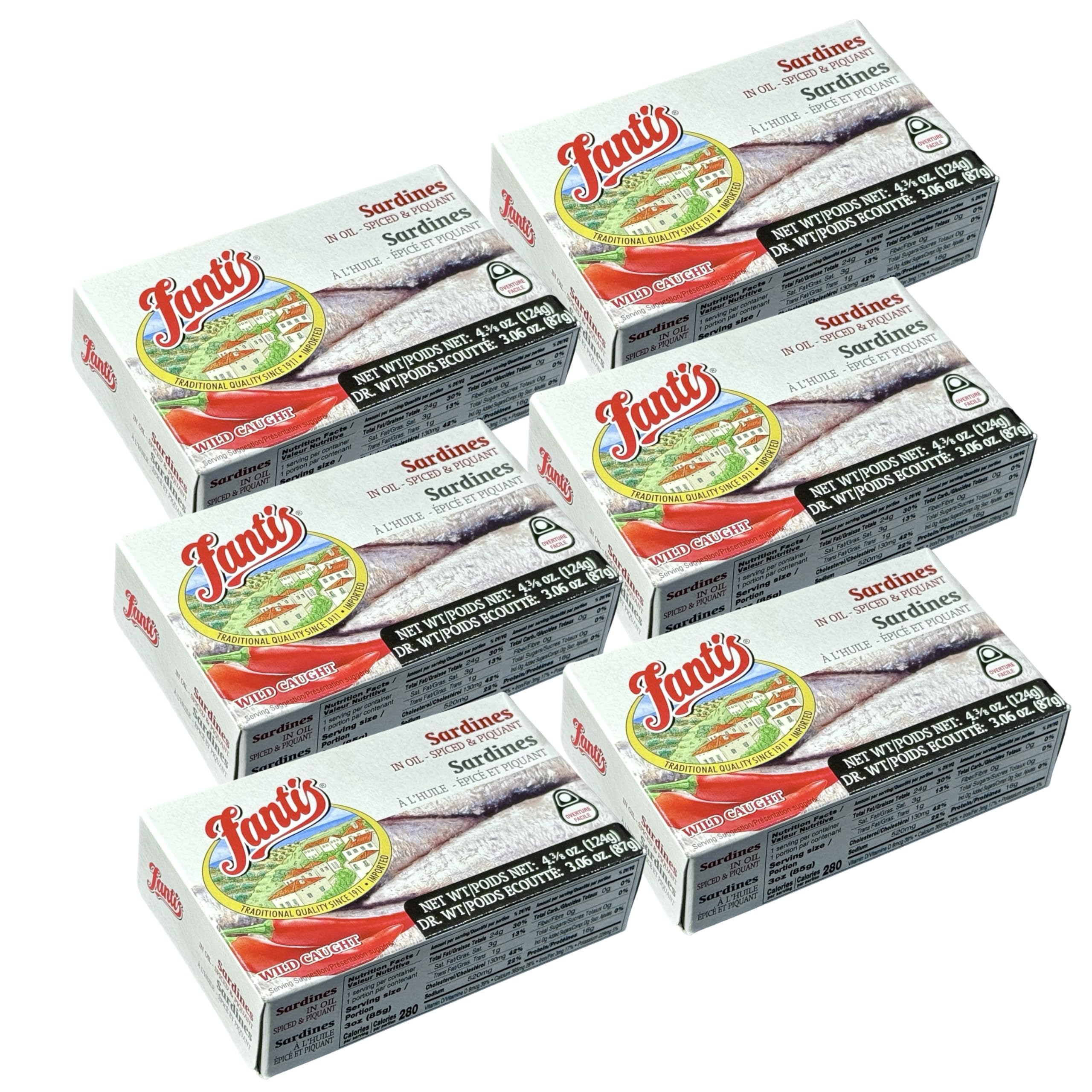 Fantis – Sardines in Oil – Spiced & Piquant Wild-Caught Sardines, from Spain, Keto-Friendly, Ready to Eat, High Protein Seafood Snack, 4.375 oz, Pack of 6