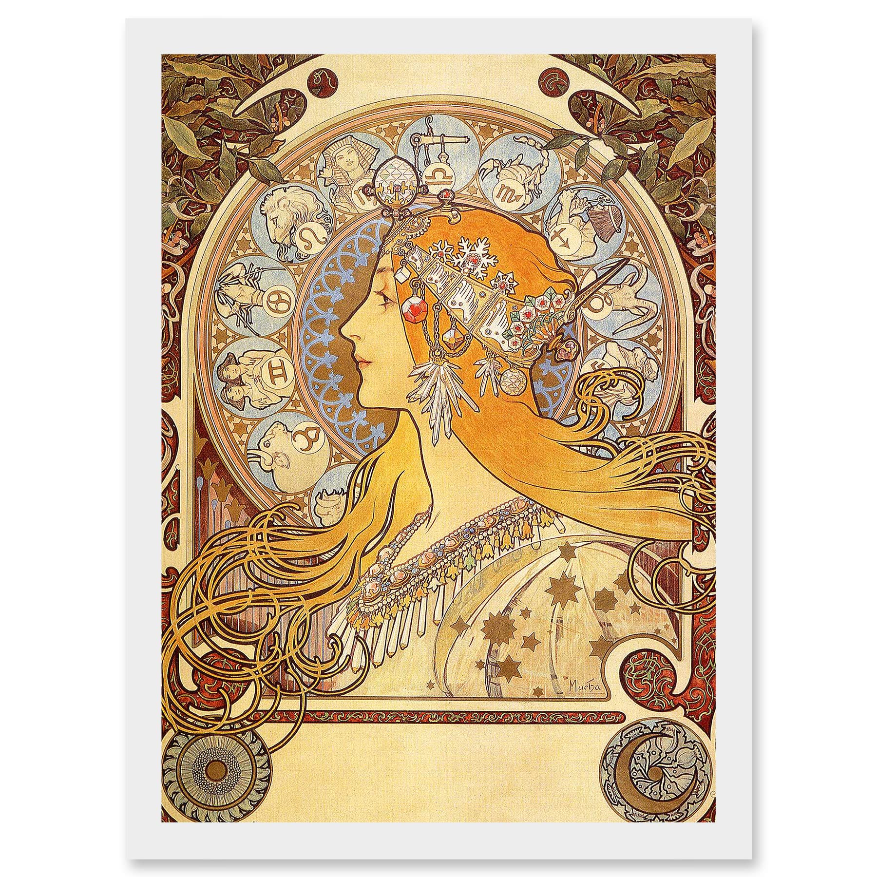 Artery8 Alphonse Mucha Zodiac 1896 Art Nouveau Orange Gold Painting A4 Artwork Framed Wall Art Print