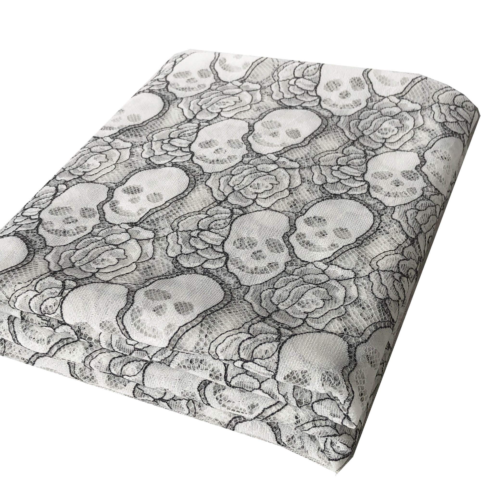 60 * 144 inches Lace Fabric, 4 Yard Black Skull Pettern Lace Fabric, 4 yd Non-Stretchy Lace, Soft Rose Design Lace Material for Halloween Home Decoration, Sewing Fabric Design (60x144 inch Black)