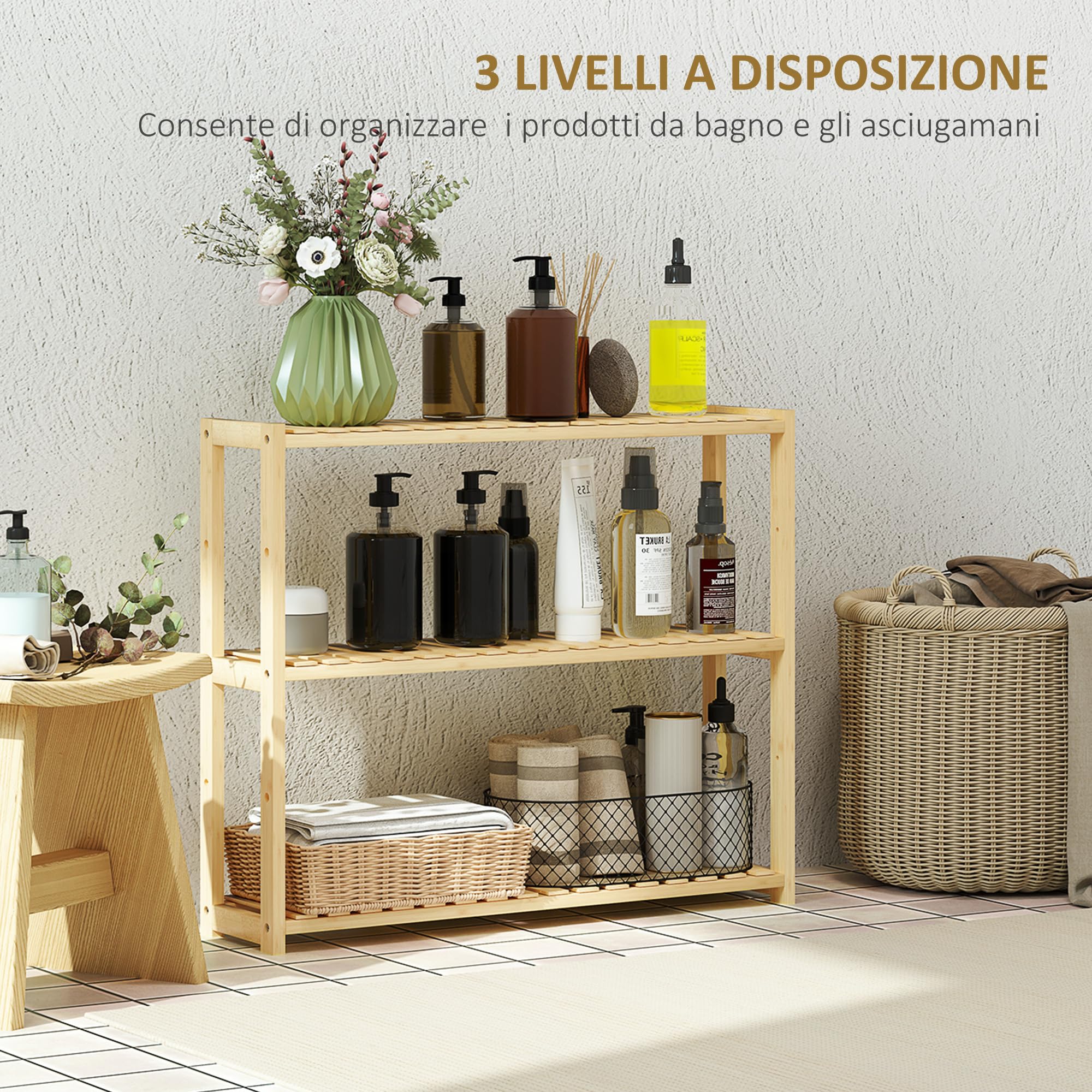 HOMCOM Scaffale da Bagno a 3 Ripiani Regolabili in 5 Livelli, Mobile Contenitore in Bambù a Parete o a Terra, per Cucina, Soggiorno e Bagno, 60x15x50 cm, Color Legno