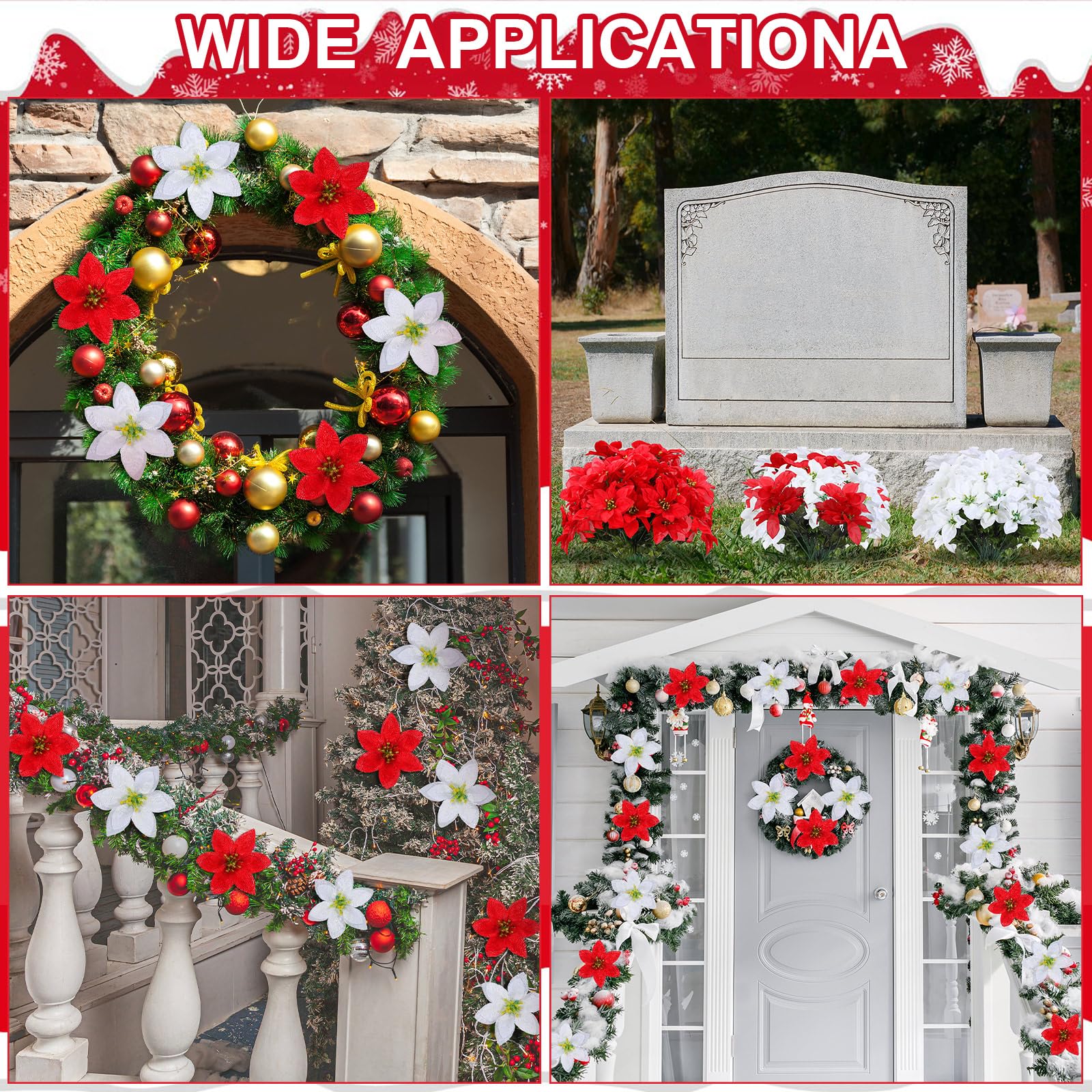 meekoo Lot de 48 poinsettia artificielles à 7 têtes avec tige pour décoration de maison, mariage, table, cour, cimetière (rouge, blanc)