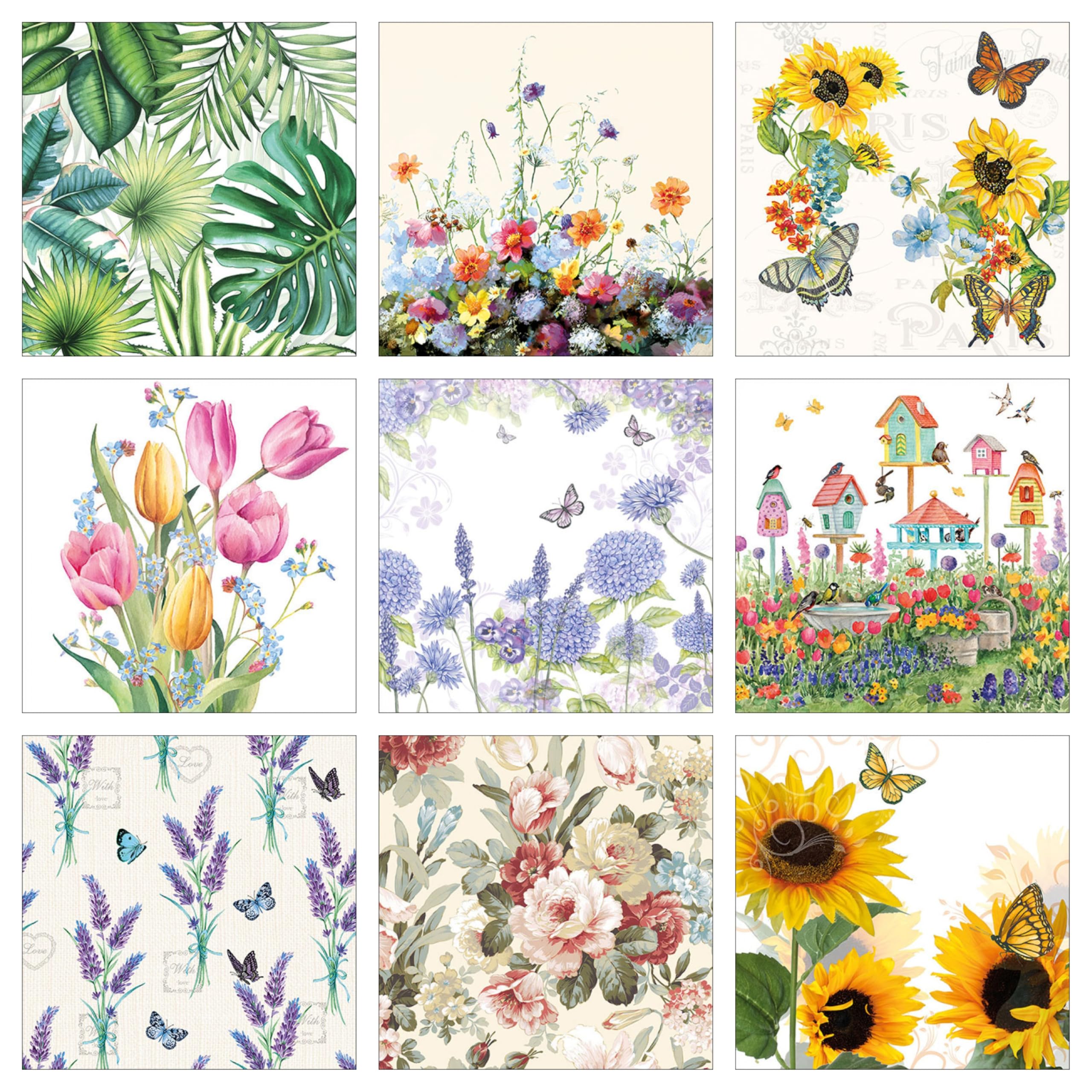 Decoupage Tissue Paper Napkins Flower Bird Butterfly House Print Set20-9 Decoupage Tissues -1 napkins of each design - total 9 pc