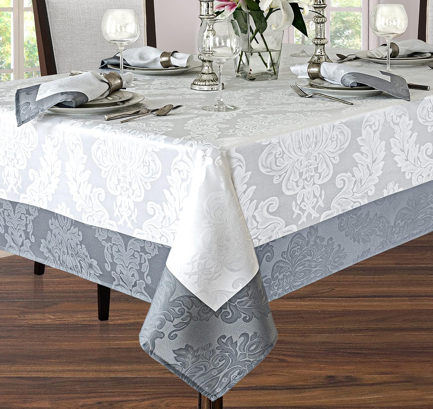 Newbridge Valencia Two Tone Bordered Damask Fabric Tablecloth, Wrinkle and Stain Resistant Fine Dining Holiday Hotel Quality Tablecloth, 52 Inch x 70 Inch Oblong/Rectangle, White/Silver
