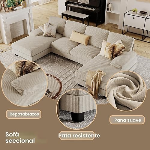 Miniatura 5 de Furmax Camillas seccionales para sala de estar, sofá en forma de U con tela de lino, juego de sofá de 4 asientos con diván doble para apartamento