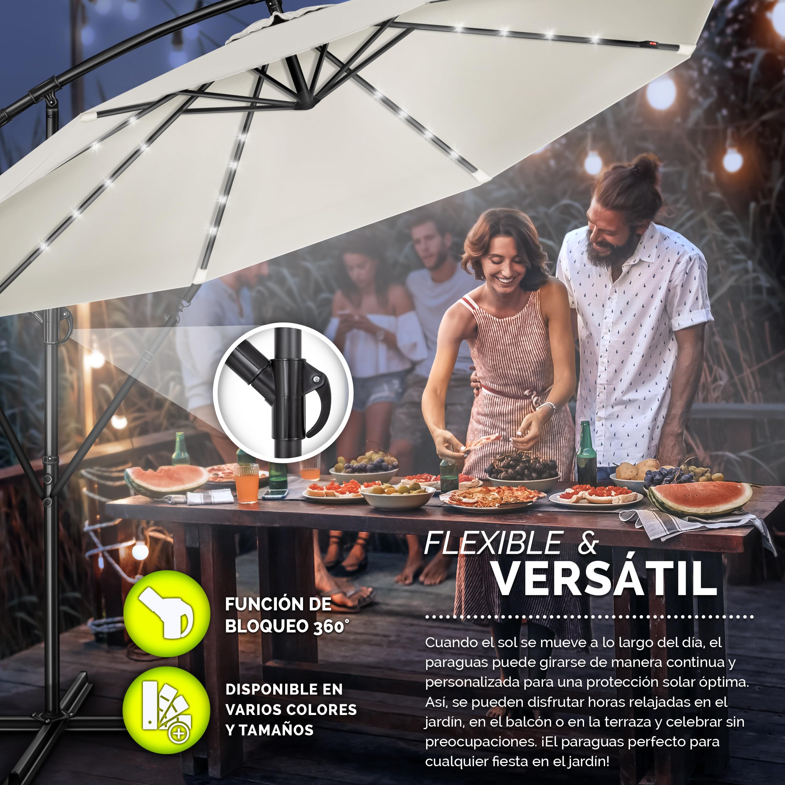 tillvex 300/350 cm Sombrilla Excentrico con 32 Luces LED Solar | Parasol para Terraza Jardín Balcón Patio | con Manivela y Base en Cruz, Giratorio 360º, Protección UV