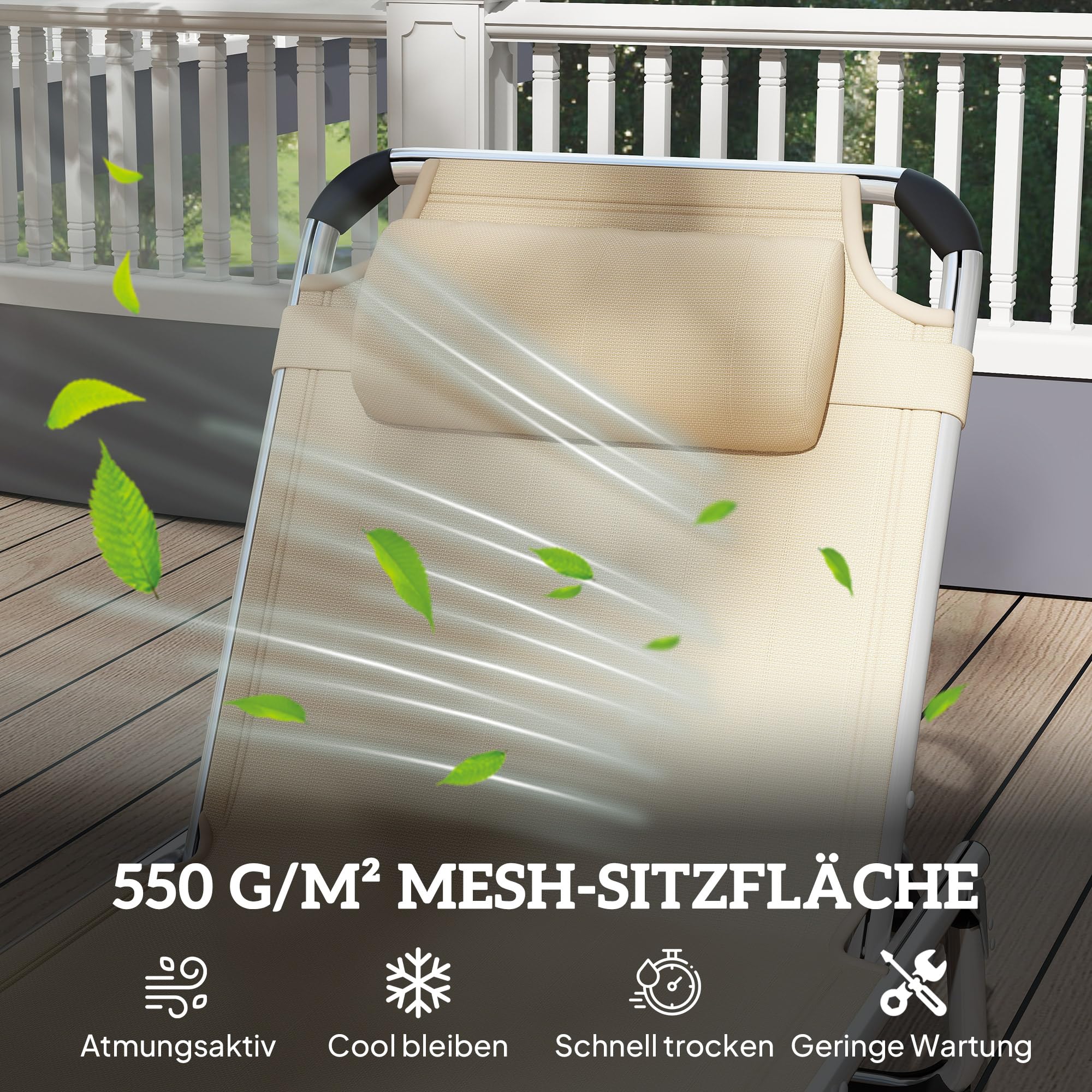 Outsunny Sonnenliege Alu Klappbar mit Kopfkissen Ergonomisch 120 kg Beige | Gartenliege, Relaxliege, 4-Stufig Verstellbare Rückenlehne, Alu, für Garten, Terrasse, Pool, Strand