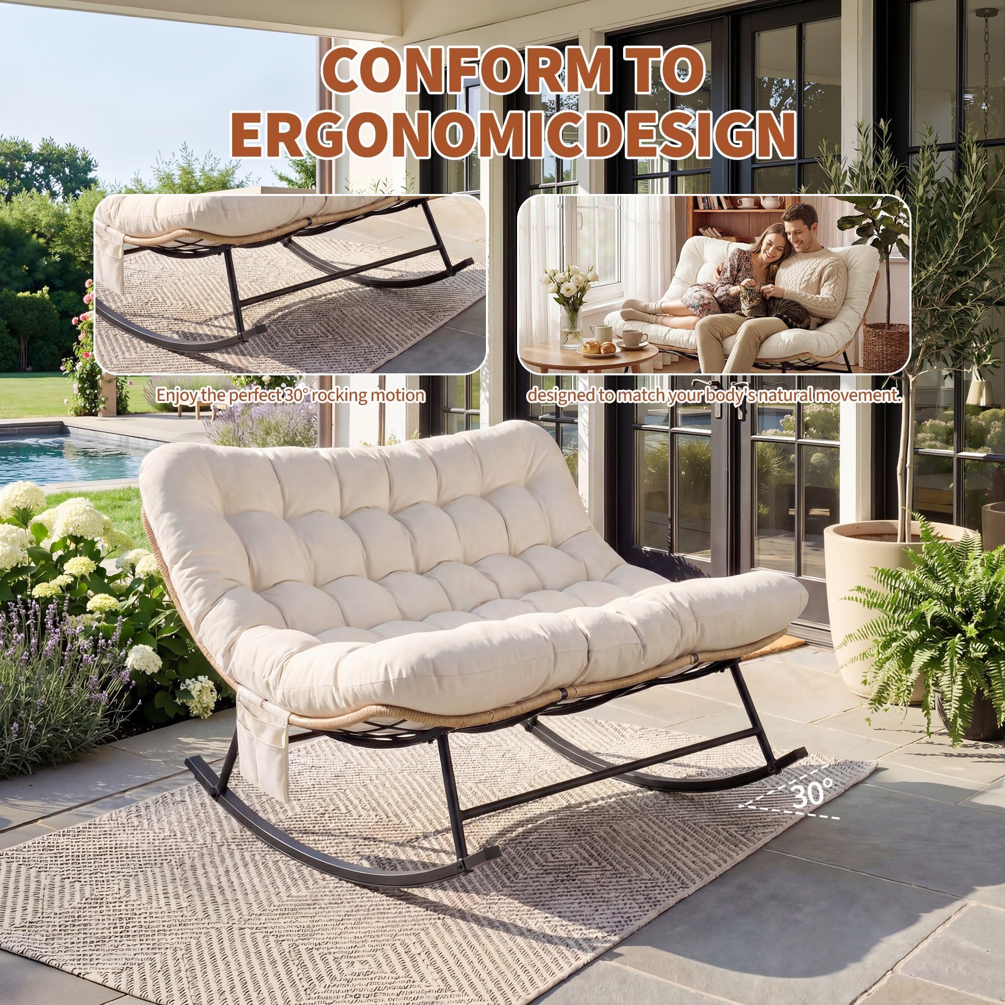 Garvee Fauteuil à Bascule Double Robuste 450 lbs – Dossier rembourré – Tissu imperméable – Cadre métal – Idéal Jardin, terrasse, Salon – Mobilier Moderne – Rotin Jaune et Coussins Beige Clair