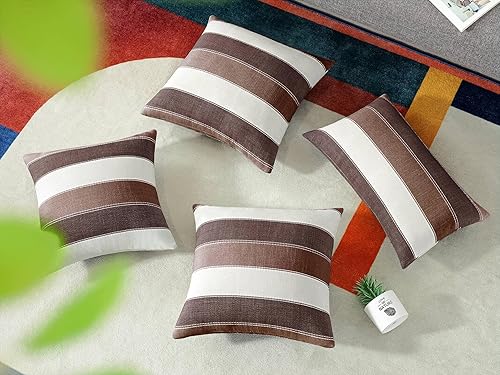 Miniatura 3 de AmHoo Juego de 2 fundas de almohada de lino y algodón, funda de almohada decorativa para sofá o banco, rayas, estilo granja, 12 x 20 pulgadas, marrón