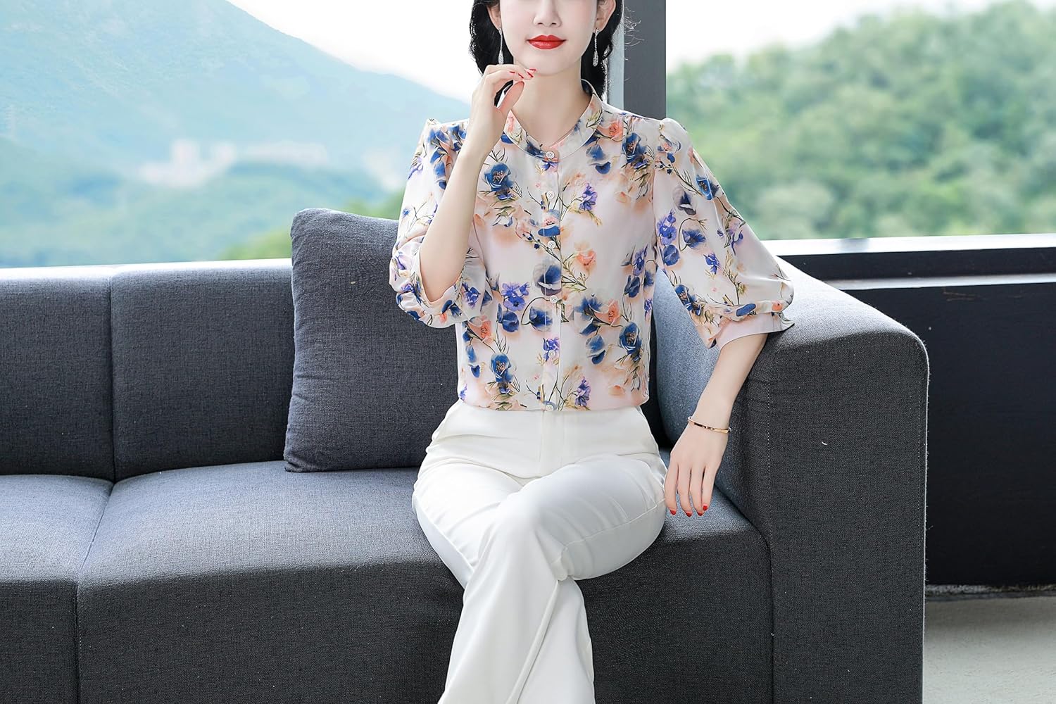 LAI MENG FIVE CATS Women's Casual Floral Print Puff Sleeve Button up Loose Blouses Top - Image 2