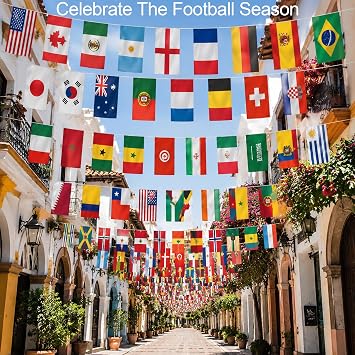 World Cup Bunting 2026 48 Countries Flags & 14 x 21cm Hand Held Flags Set with with 30cm Pole 15m International Flag Banner for Football Party Sports Events Classroom Street Decor