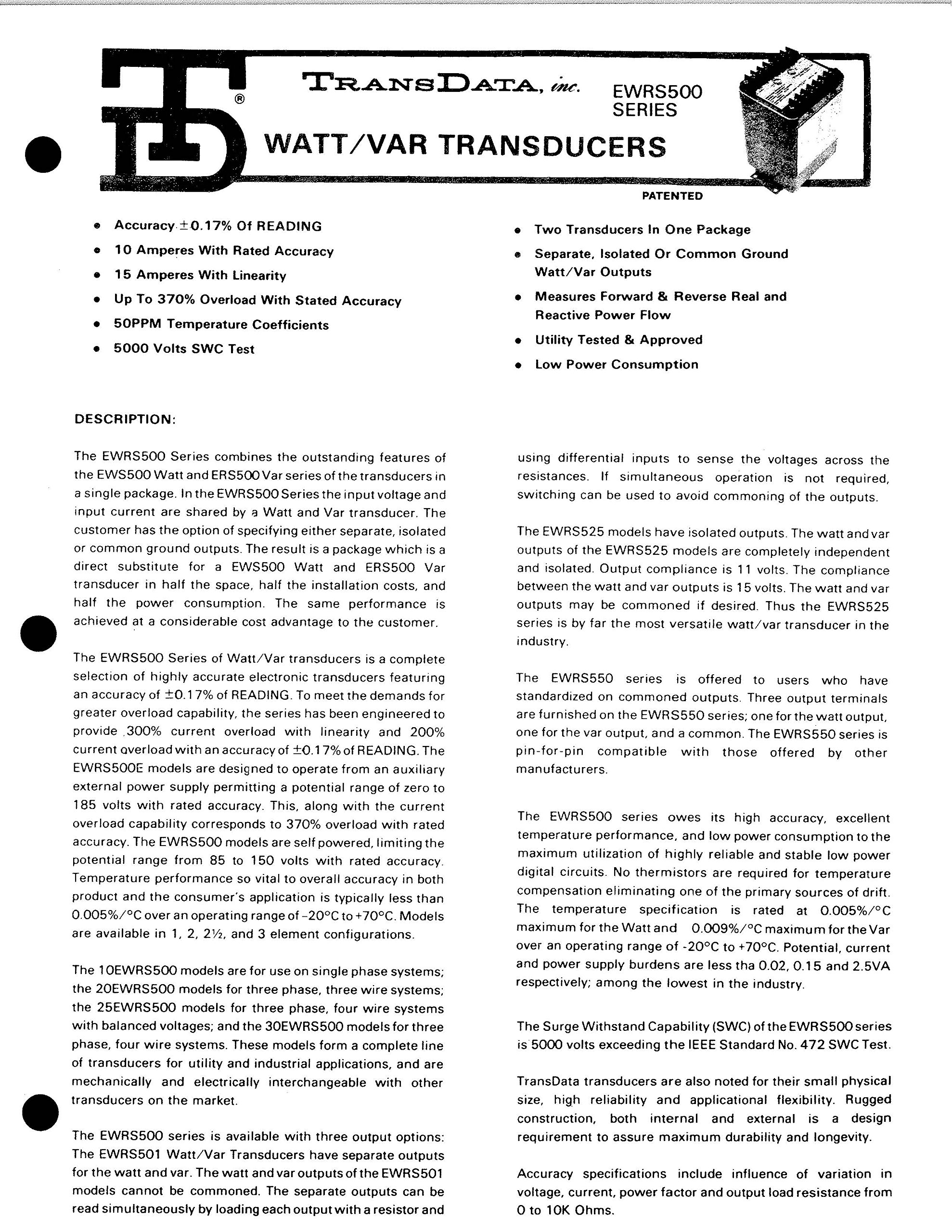 TransData 10EWRS550 Watt/VAR 1 Element +/-1mA Output Transducer 500 Fullscale Calibrating Watts VARS with Calibration Certificate