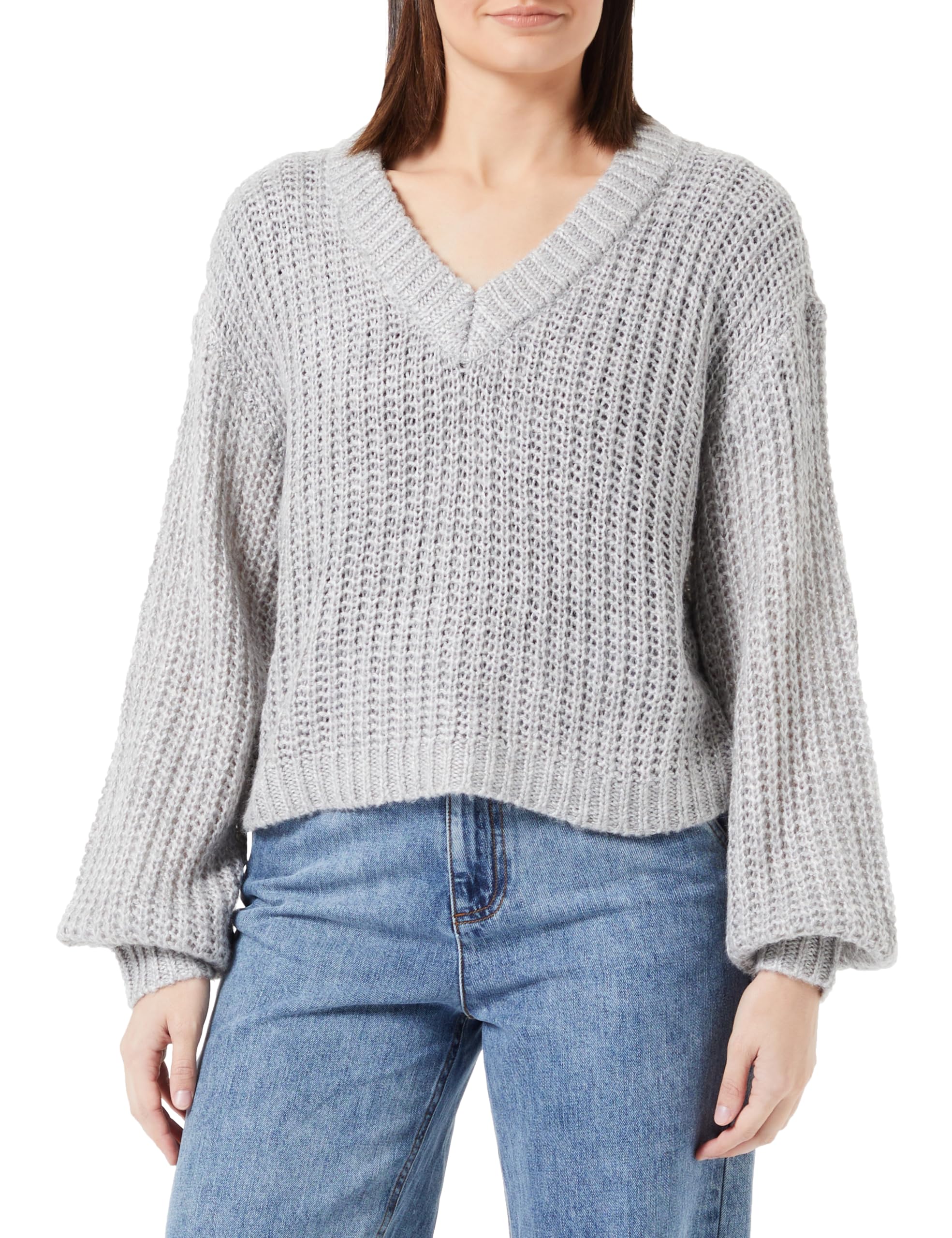 Bestseller A/S Women's VMTHUNDER LS V-Neck Pullover GA BF Pullover Sweater, Light Grey Melange,