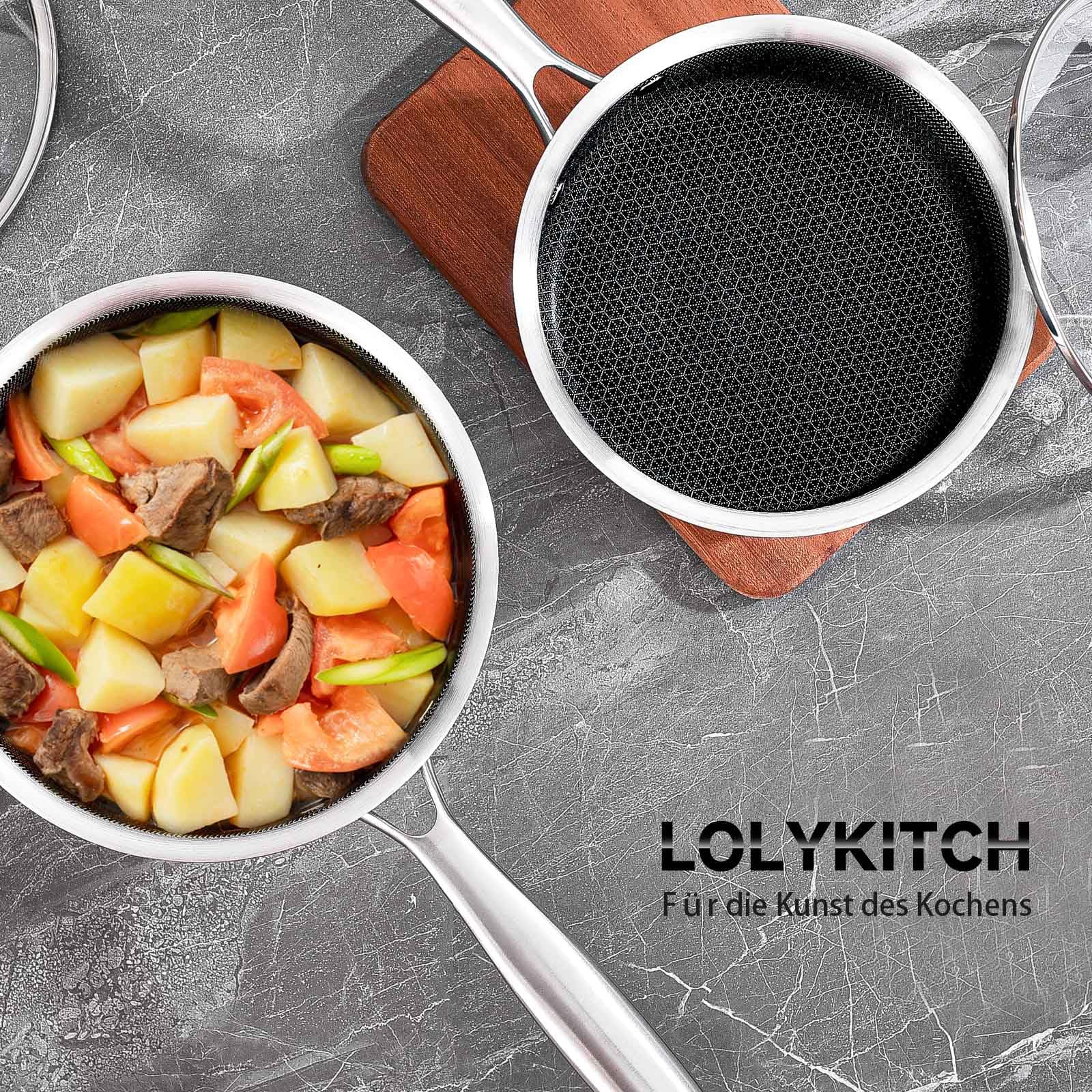 LOLYKITCH Edelstahl Kochtopf Topfset 16+18cm mit Deckel, Kochtopf Induktion | Antihaft Stielkasserolle, Hitzebeständiger Griff, Kochtöpfe für Alle Herdarten, Ofen- und Spülmaschinengeeignet, PFOA-frei