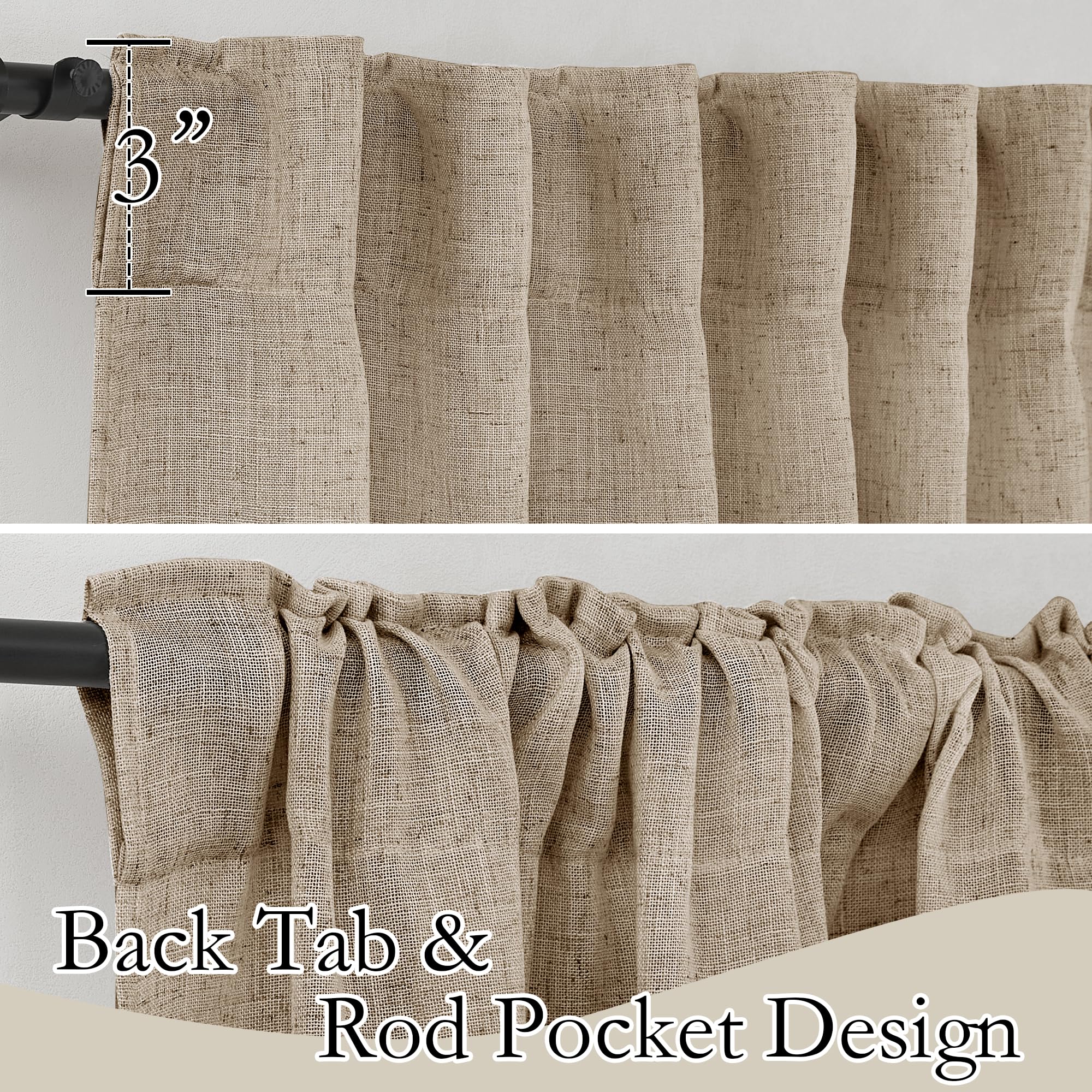 RYB HOME Light Filtering Linen Sheer Curtains, Back Tab Rod Pocket Privacy Protected Linen Blend Burlap Panels for Farmhouse/Living Room/Dining Room, Khaki, Length 84 by Width 52 inch, 2 Panels