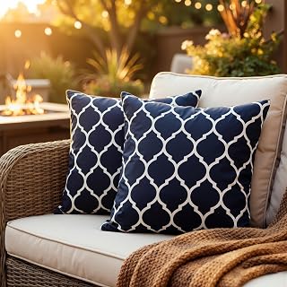 Outdoor Pillow Covers 2 Pack Patio Decorative Accent Throw Pillow Covers, Waterproof and Fade Resistant, Perfect for Summer Outdoors and Indoors, Trellis 18x18in Blue and White