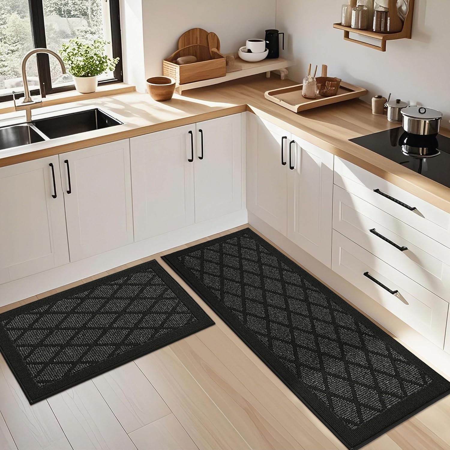 COSY HOMEER Kitchen Mats, 2 PCS Kitchen Rug Non Slip Washable, Absorbent Runner Rugs for Kitchen Floor, 100% Polypropylene Kitchen Sink Rug 24"x36" + 24"x60"(Black)