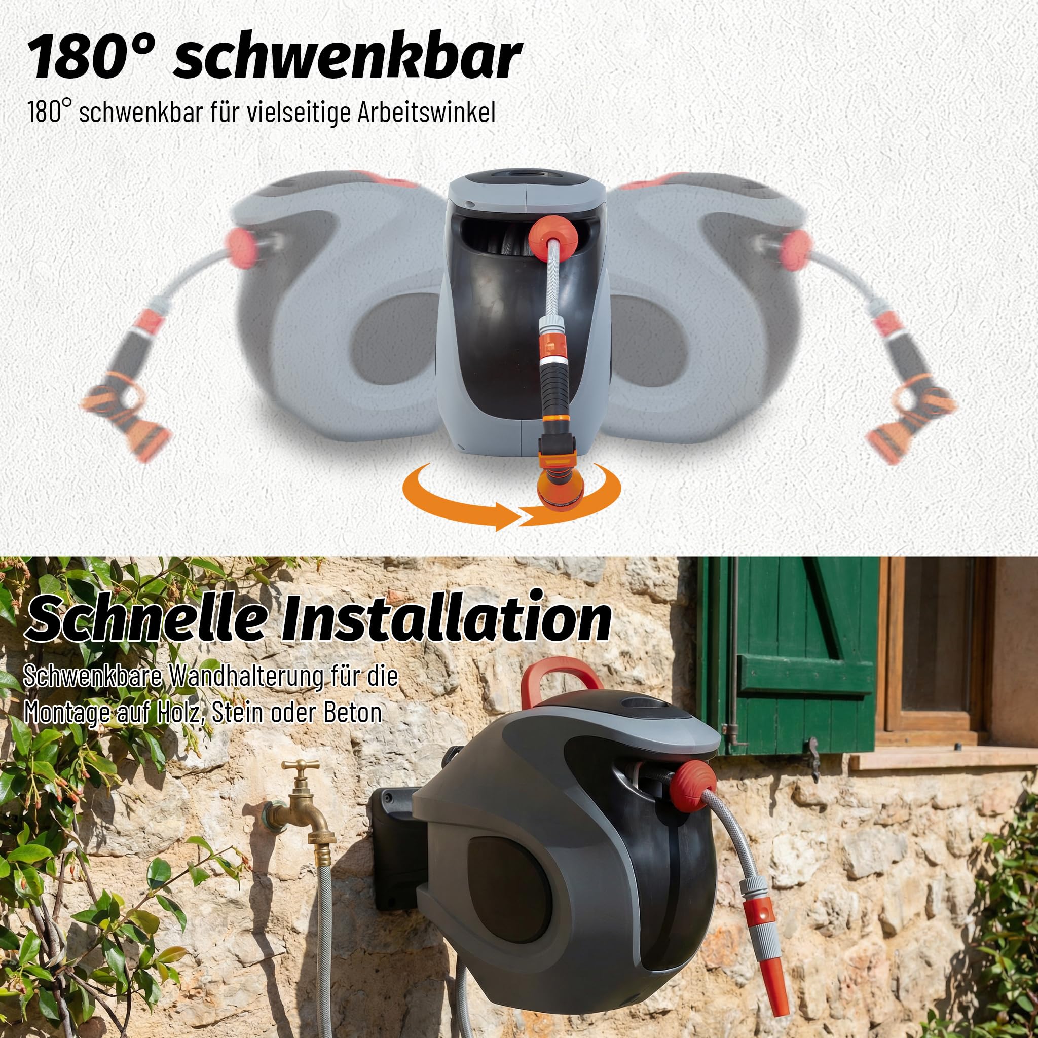 Schlauchbox RollUp 30 m – 180° Schwenkbare Schlauchtrommel, Flexible Bewässerung für Große Gärten, inkl. Wandhalterung, 30 m Gartenschlauch und Ergonomischer Spritze (Graulbau)