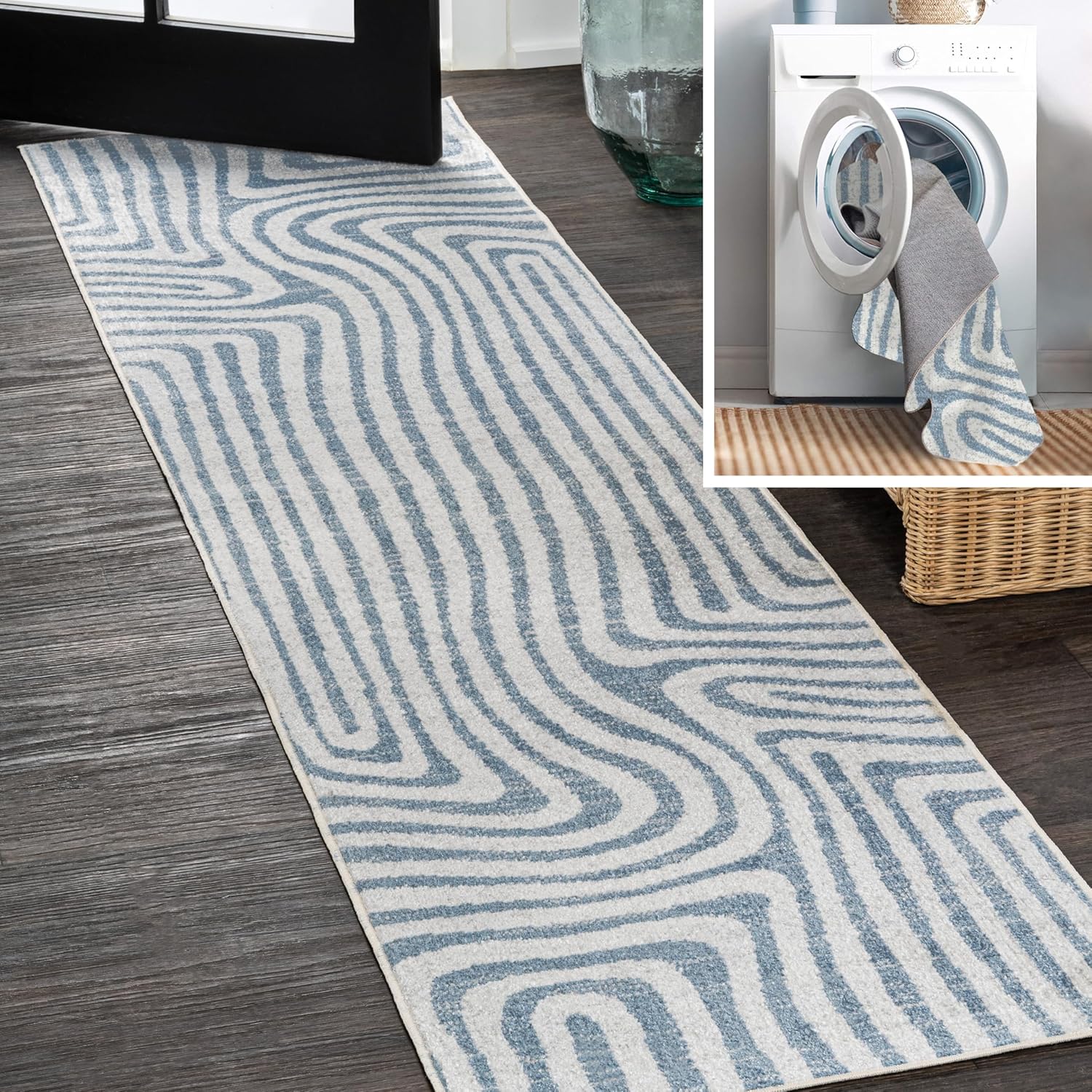 Blue and Cream Abstract Machine-Washable Runner Rug