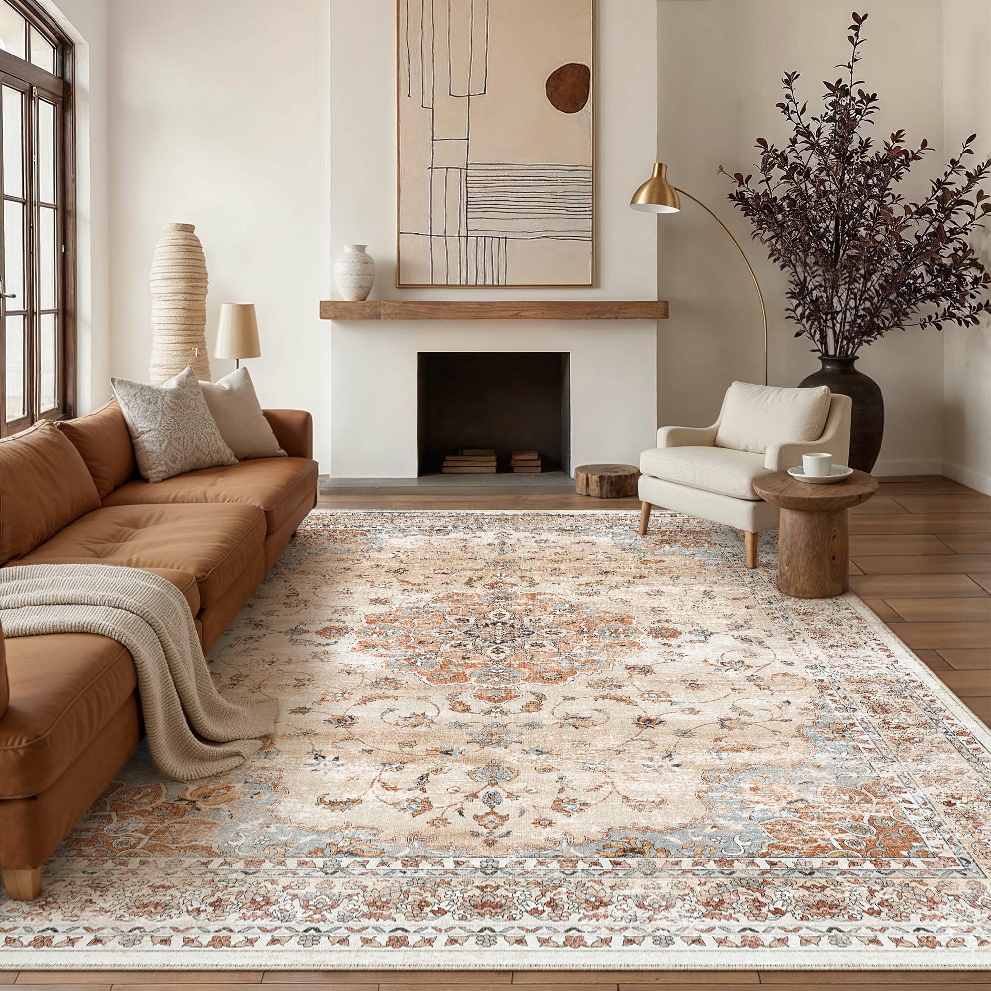 hugear machine washable area rugs 8x10 vintage orange large living room bedroom rug neutral style non slip stain resistant low pile throw carpet for home retro aesthetic modern decor