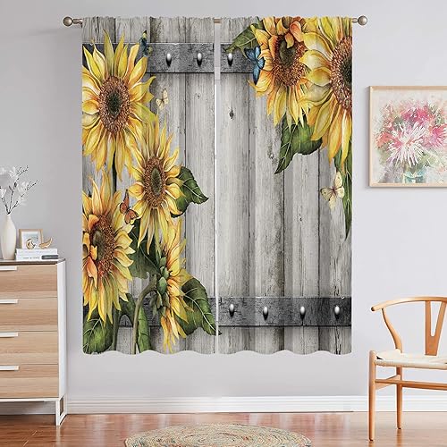Miniatura 4 de Miyotaa Cortinas de madera rústica de girasol para ventana, 2 paneles de 42 pulgadas de ancho x 63 pulgadas de alto, bolsillo para barra, puerta de