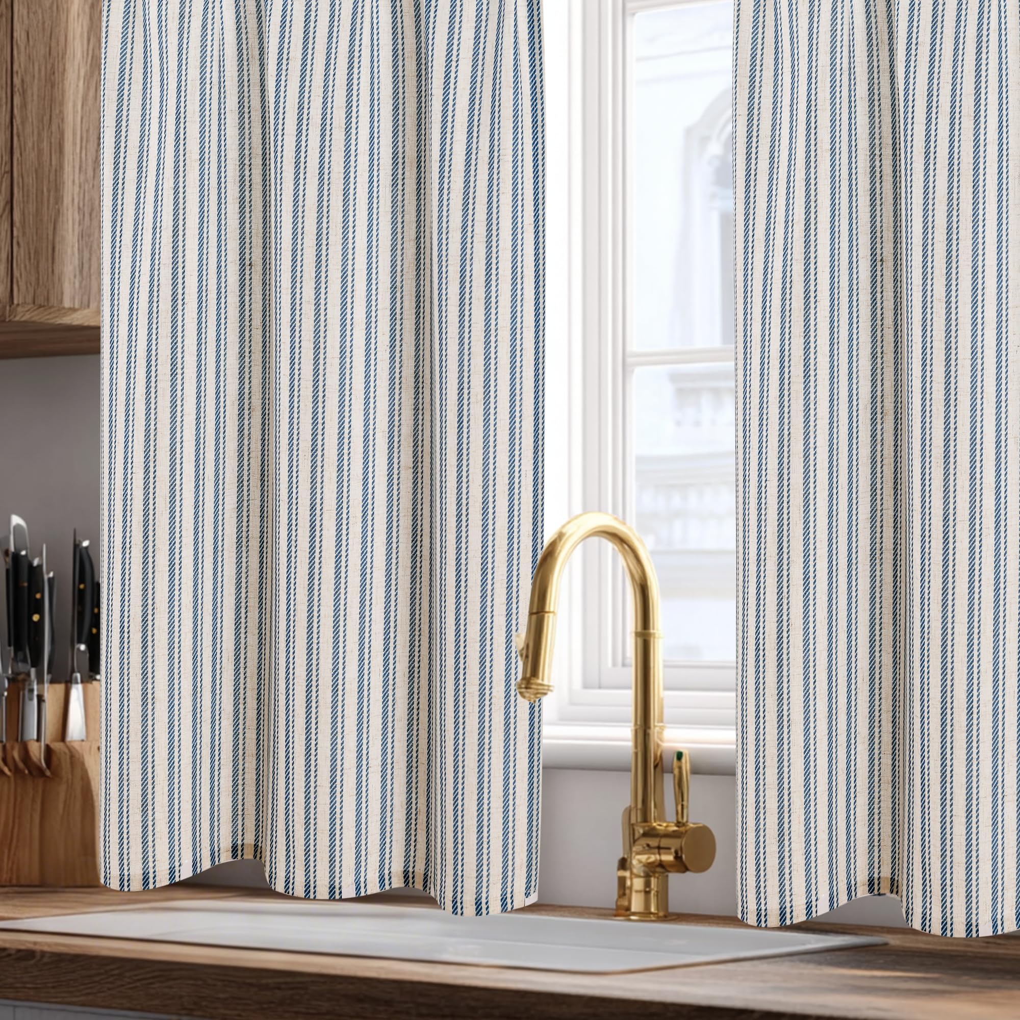 DWCN Tende da cucina a vetro corte, a righe, blu, tende A60xL60cm, set da 2 pezzi, effetto lino, semitrasparenti, tende bistrot con passante per asta, per camera da letto, tenda per armadio, bagno