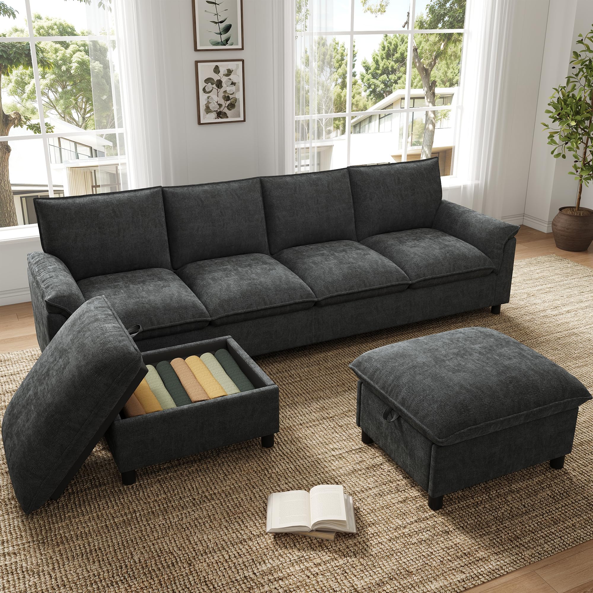 Merax Modulares Cloud-Sofa U-Form 265cm, Gemütliche Wohnlandschaft mit 2 Stauraum-Hockern, Bequemes Ecksofa mit tiefer Sitzfläche, Couch für Wohnzimmer, Grau