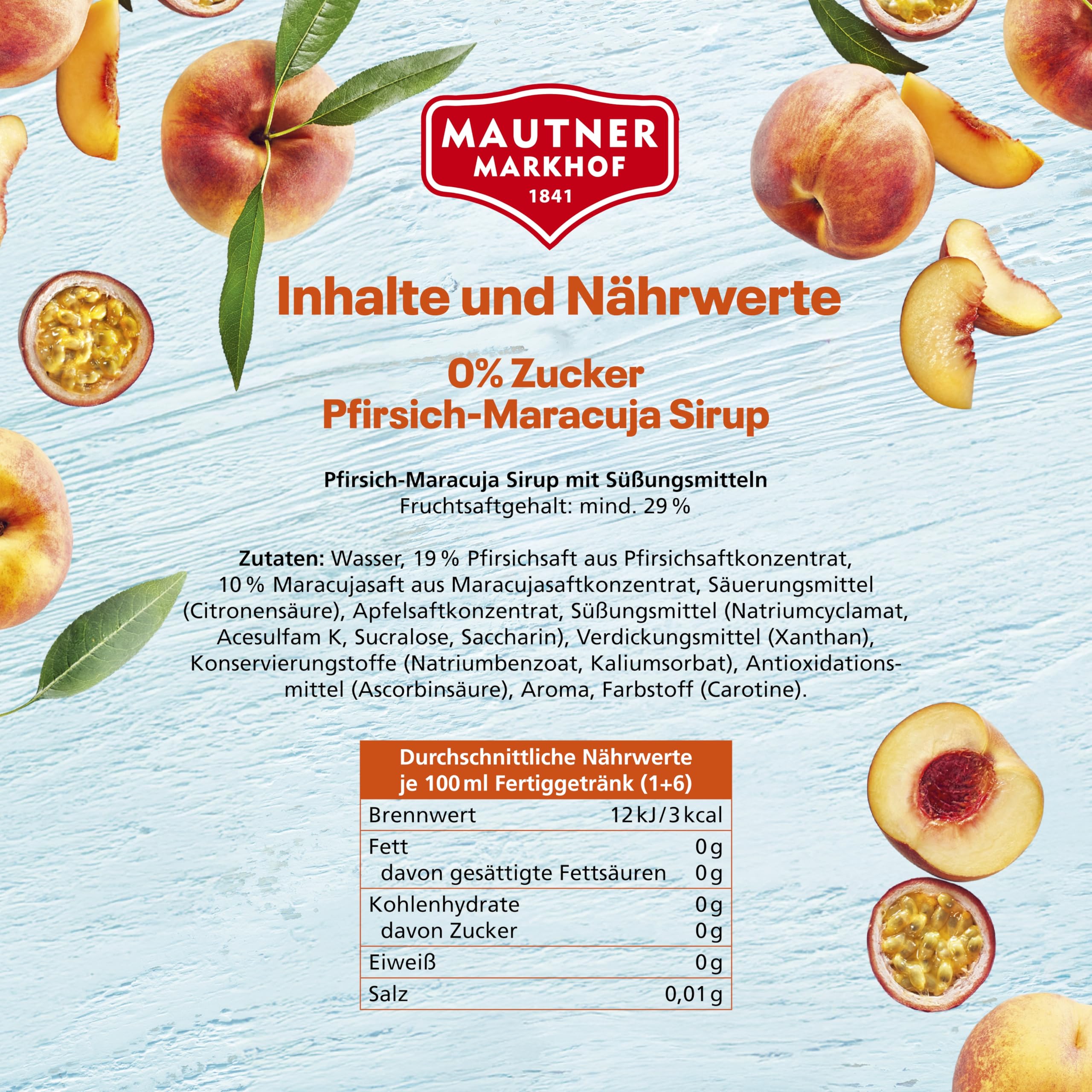 Mautner Markhof Sirup Pfirsich-Maracuja 0 % Zucker – 6 x 700 ml – fruchtiger low Carb-Sirup ohne Zuckerzusatz