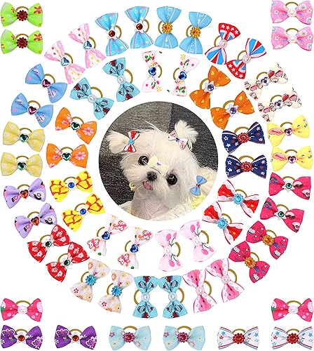 60 lazos para el pelo de los perros de cachorros con bandas de goma, pequeños lazos de Navidad con diamantes de imitación, pinzas para el pelo para