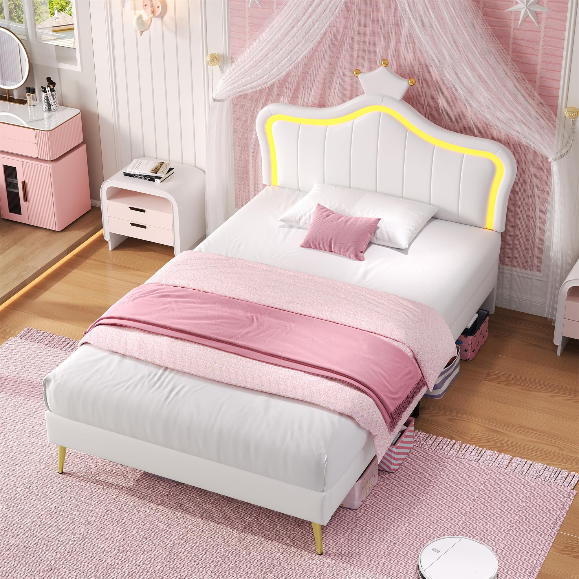 LULUWA Single Upholstered Bed with LED Adjustable Crown Shape Headboard, PU Leather Bed Frame with Solid Wood Slat No Mattress