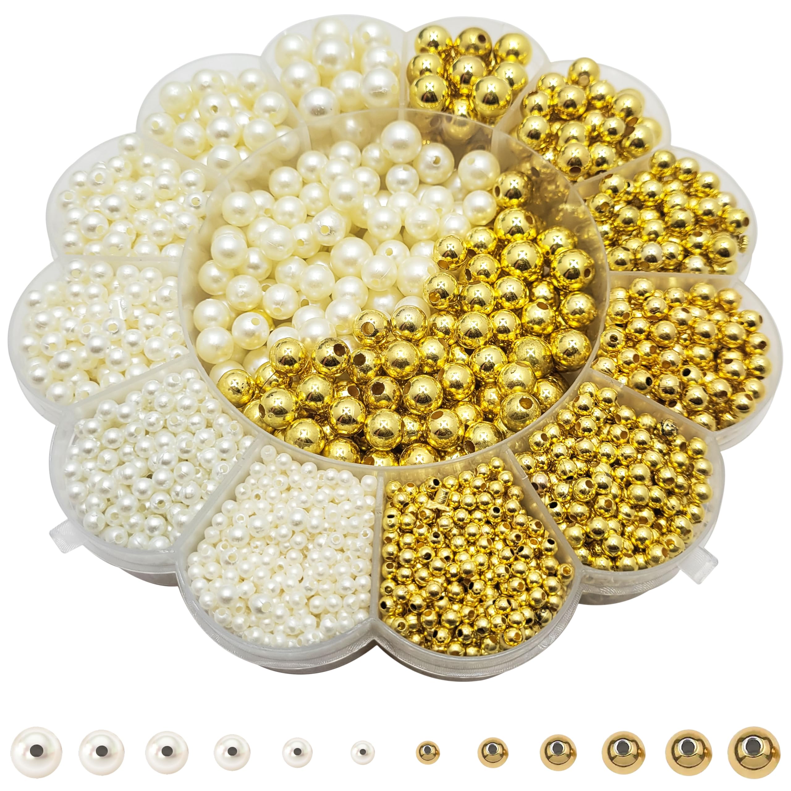 RelicMani Pearl Moti Beads Kit | Craft & Jewellery Making Beads Set | Flower Box Organizer with 3-10mm Beads for Rakhi, Aari Work, DIY Projects (Offwhite Gold)-image-39