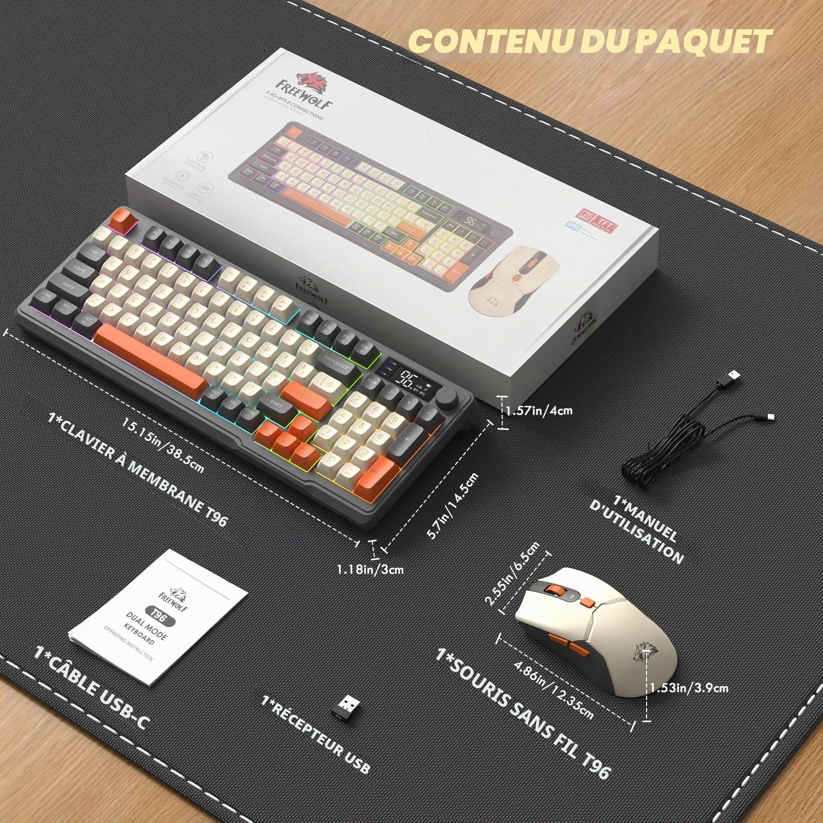 ZIYOU LANG ×FREEWOLF T96 Ensemble clavier souris et jeu sans fil, BT/2,4G double mode, affichage et bouton intelligents, rétro-éclairage arc-en-ciel, clavier QWERTY rechargeable et souris -Gris Orange