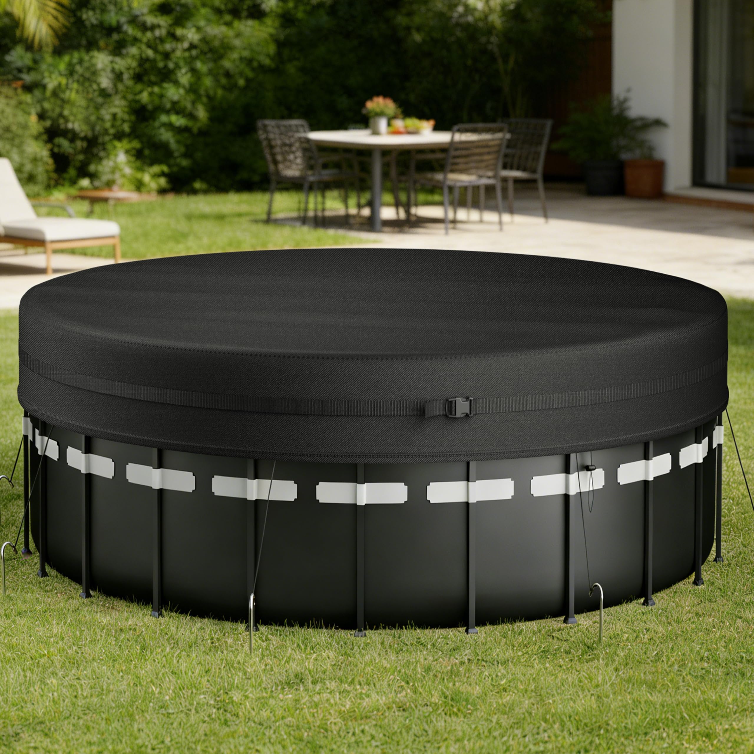 Bâche de piscine ronde 420D, résistante aux UV, avec cordon de serrage et clous de sol, coupe-vent et indéchirable, empêche la chute des feuilles, bâche ronde pour piscine (428 cm)