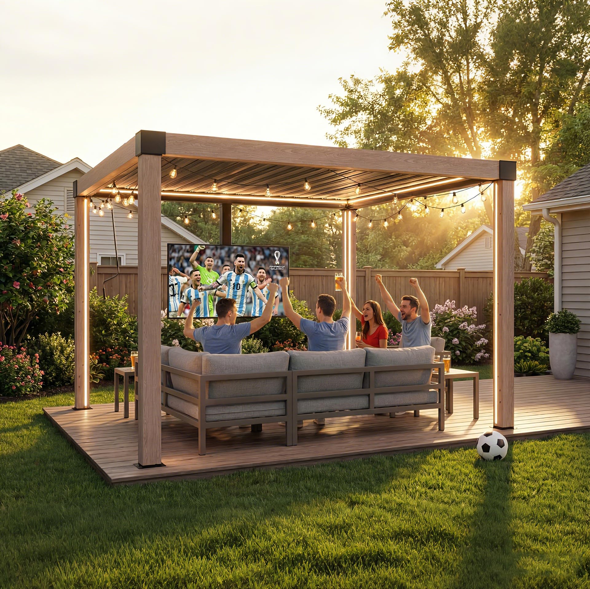 SUNJOY Pergola Ogrodowa 3x3m z zasłonami i siatką przeciwkomarową, Aluminiowa Altana Lamelowa Całoroczna, Ruchomy Dach z Regulacją Kąta, Solidny Pawilon Tarasowy, Efekt drewna
