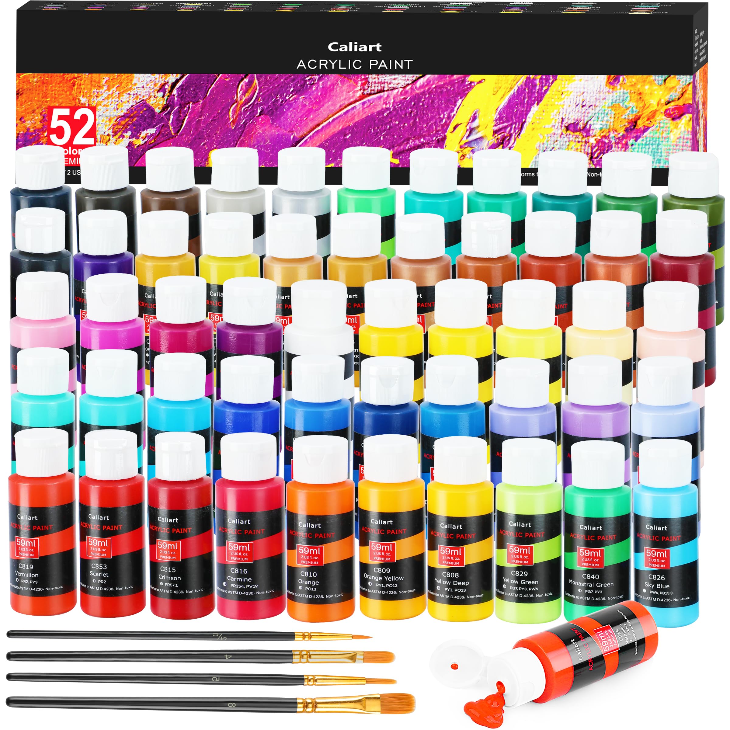 52 Colors Acrylic Paint Set with Painting Brushes | Rich Pigment Non-toxic Craft Painting Kit for Adults Artists, Halloween Pumpkin Canvas Wood Rock Fabric Art Supplies