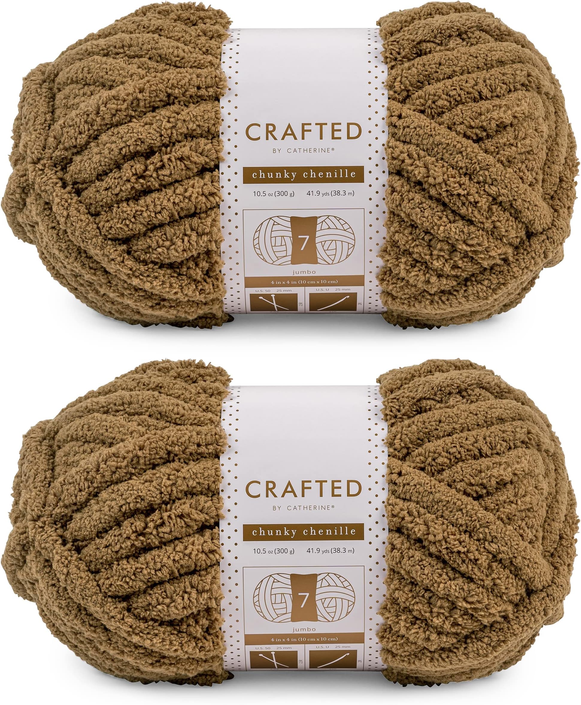 Crafted By Catherine Chunky Chenille Yarn - 2 Pack (41 Yards Each Skein), Brown, Gauge 7 Jumbo