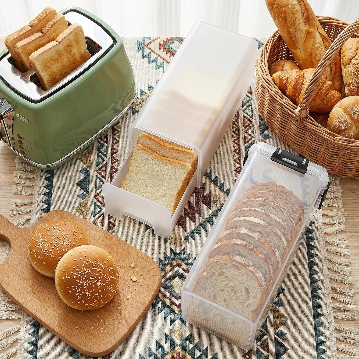 2 Pack Bread Storage Container with Tray, Airtight Translucent Plastic Bread Box & Loaf Keeper with Lid Breads Keeper Breads Dispenser Loaf Storage for Homemade Breadd