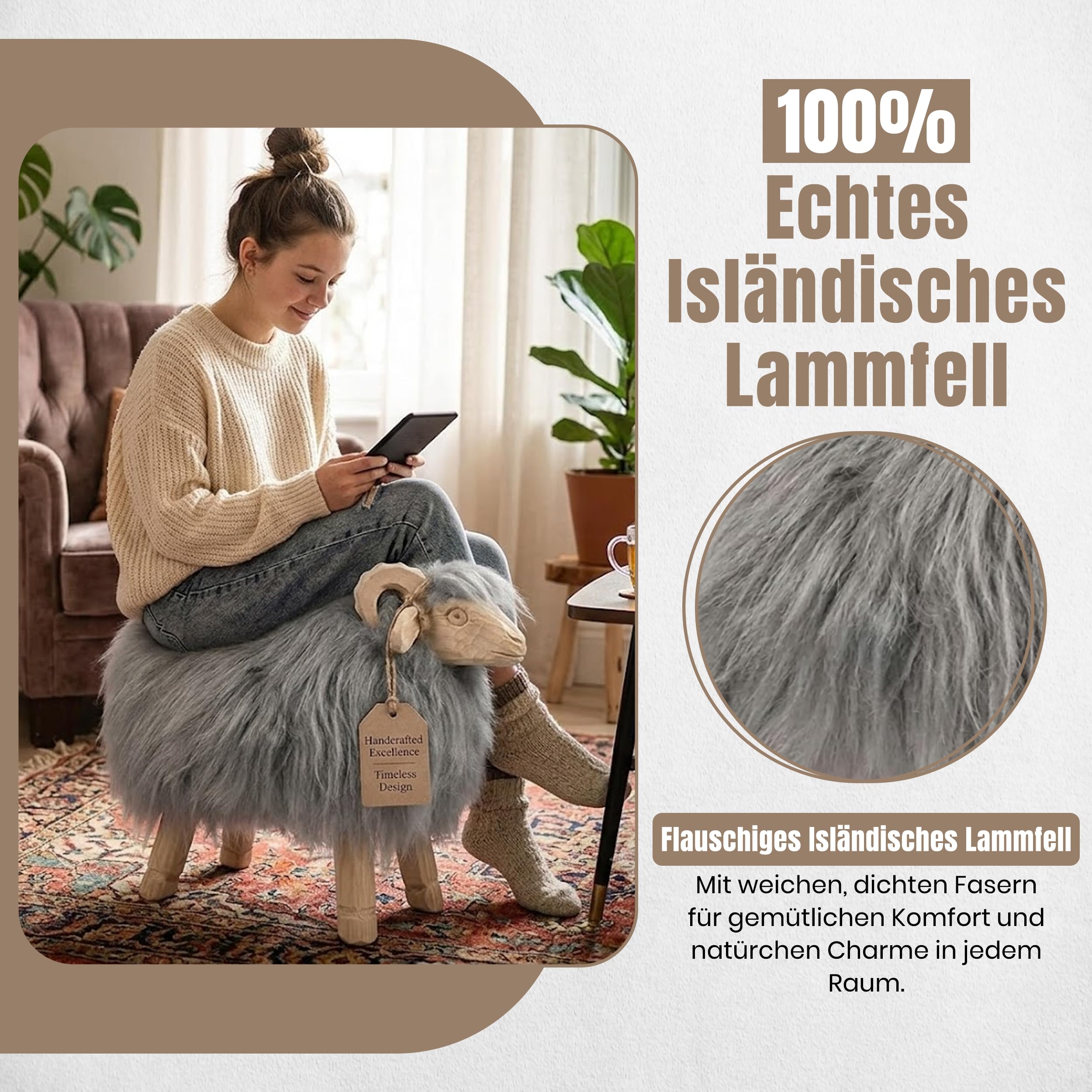 Schafhocker – Handgefertigtes Dekoelement, Körper aus Fichtenholz, Kopf und Geweih aus Lindenholz, nordische Skandi-Deko, einzigartige Geschenkidee, M, hellgrau
