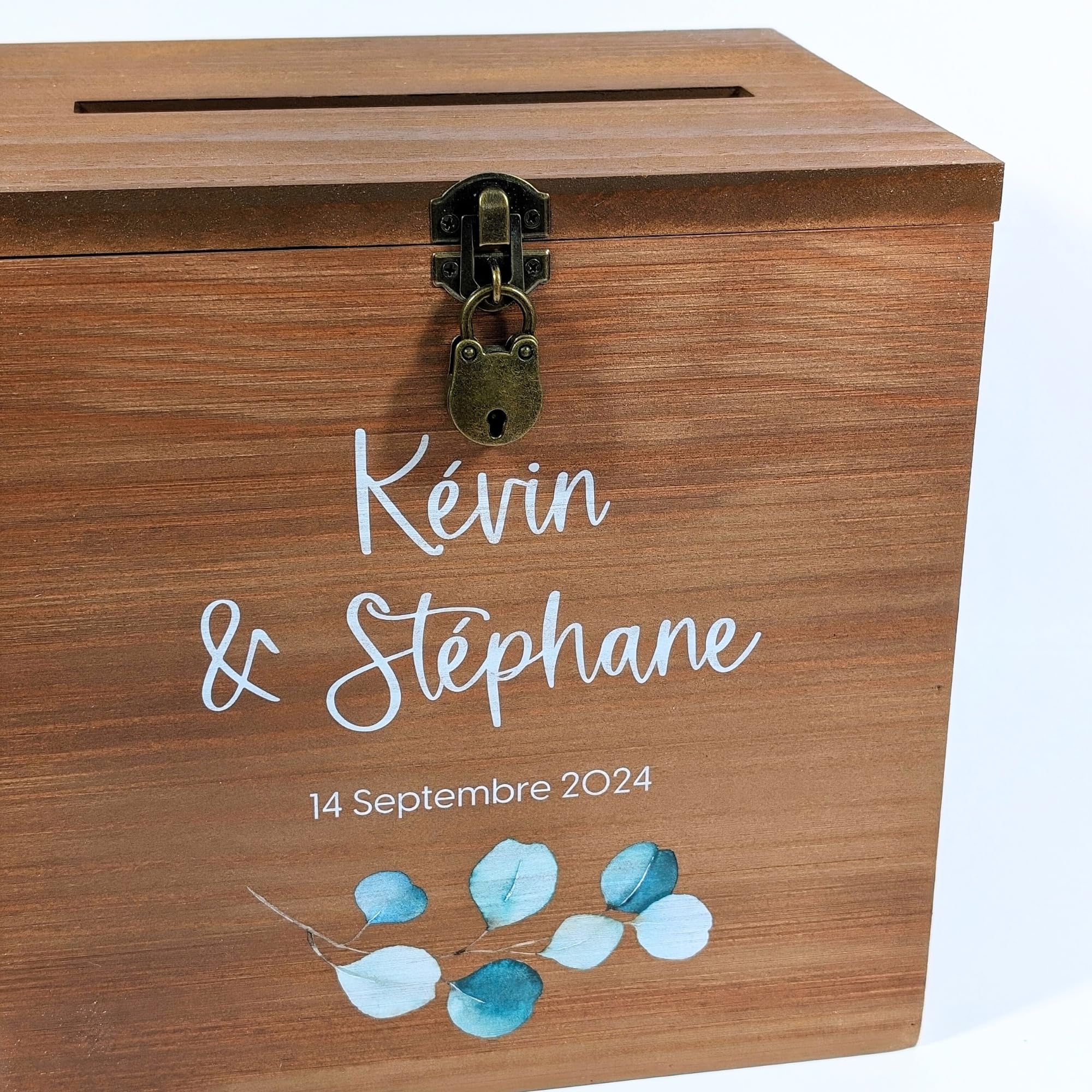 Grande urne personnalisée Mariage en Bois avec Cadenas | 25 x 25 x 20 CM | Urne Mariage, PACS, Baby-Shower, Baptême, Communion, Anniversaire, Retraite - Thème Eucalyptus | TE Whaka