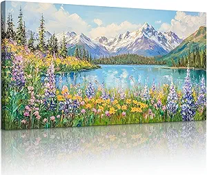 crmotu Lake Wildflowers Wall Art, Snow Mountain Forest Extra Large Artwork, Nature Landscape Canvas Art Prints, Country Chic Pictures Wall Decor Living Room Bedroom Dining Room Farmhouse 30x60 Inch