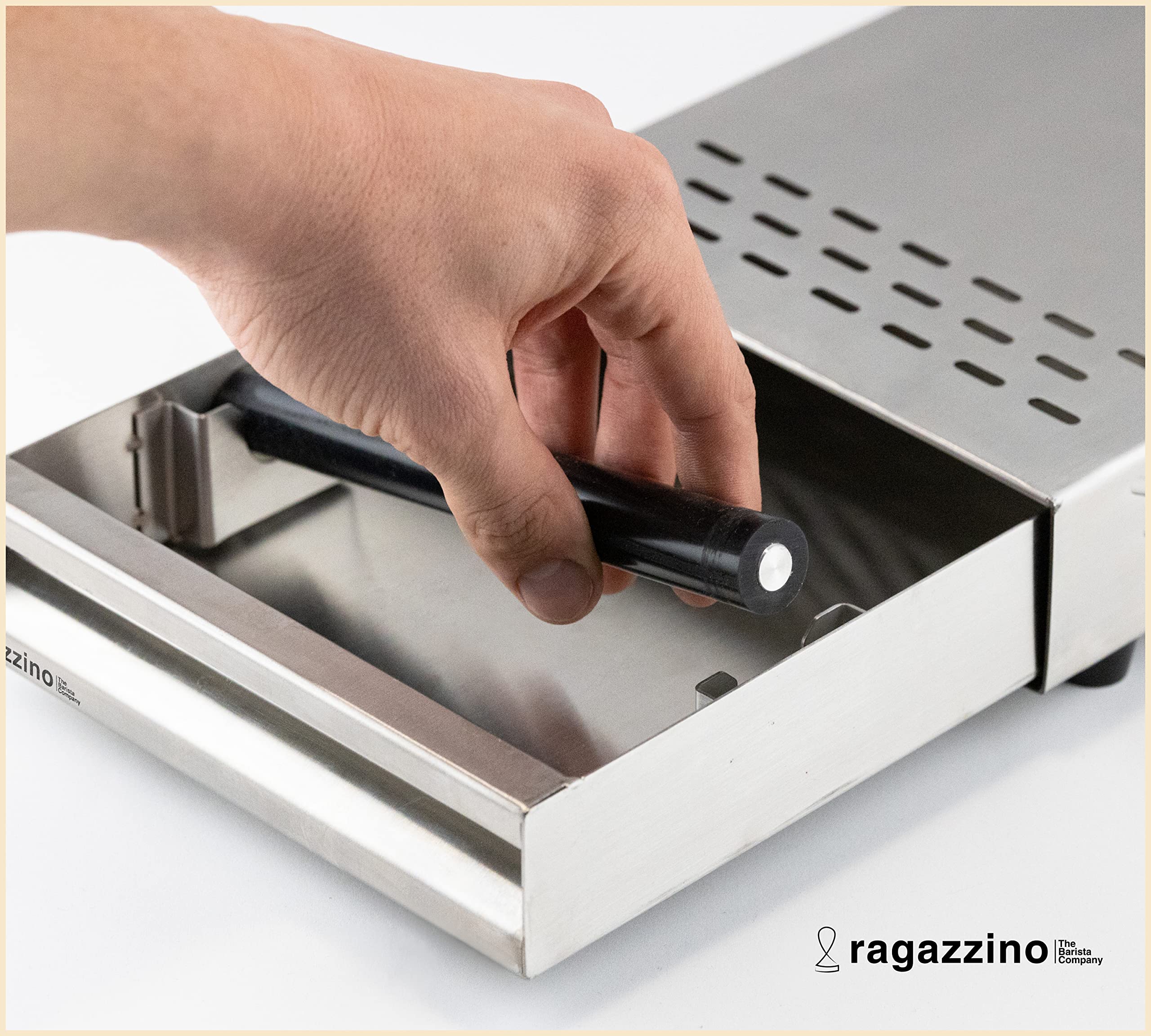 ragazzino Abklopfbehälter aus Edelstahl | Sudschublade für Espresso Siebträgermaschine | Abschlagkasten mit herausnehmbarer Abklopfstange | Knock Box 280x180x64mm