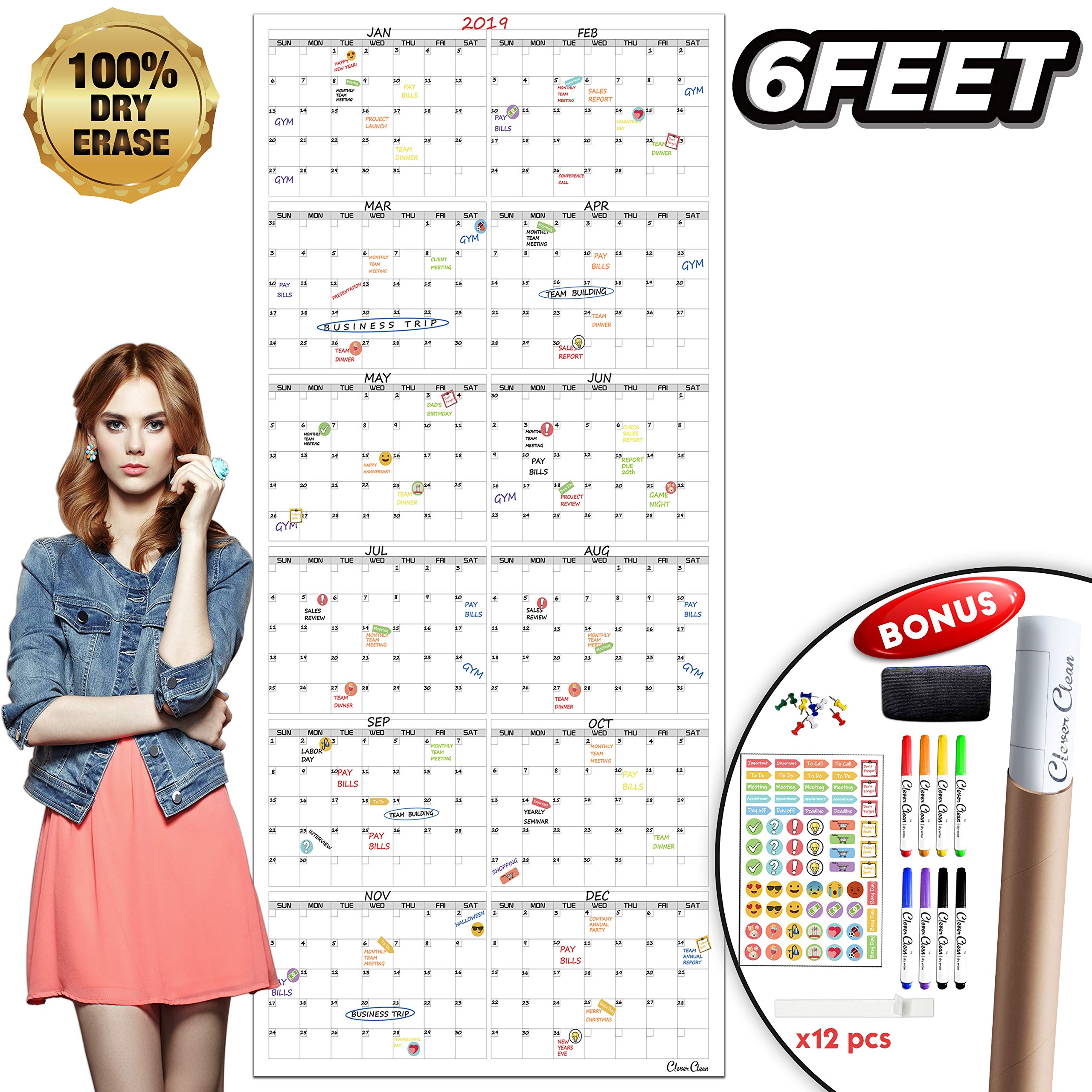 Large Reusable Dry Erase Wall Calendar - 36"x72" 2020-2021 Undated Yearly Planner for Home, Office, School Projects - Jumbo Laminated Task Organizer (Vertical)