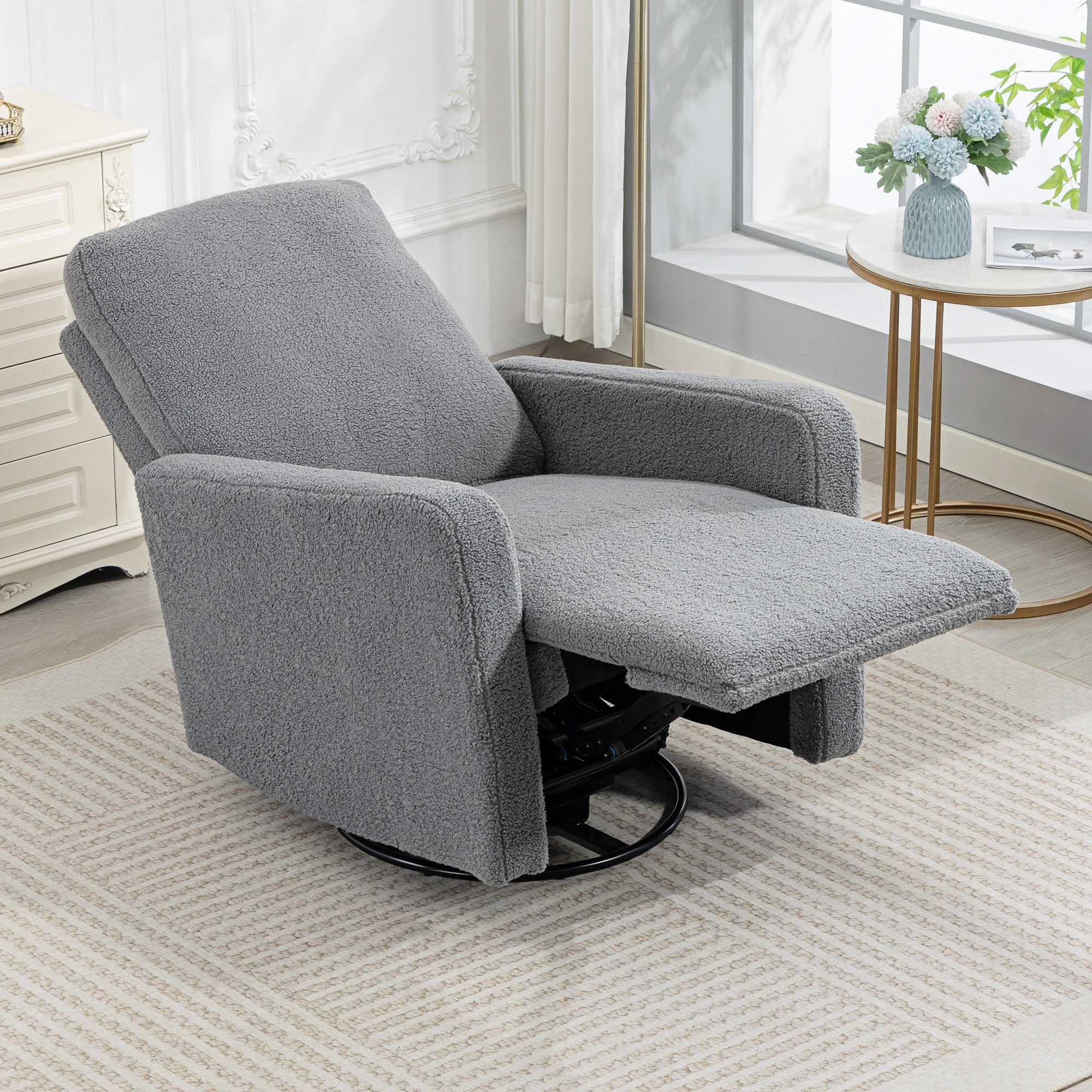 HOMCOM Sillón Relax Reclinable Manual, Sillón Relax de Borreguito con Reposabrazos, Reposapiés, Acolchado Grueso, Función de Balanceo 360°, Butaca Reclinable hasta 135º para Salón, Dormitorio, Gris