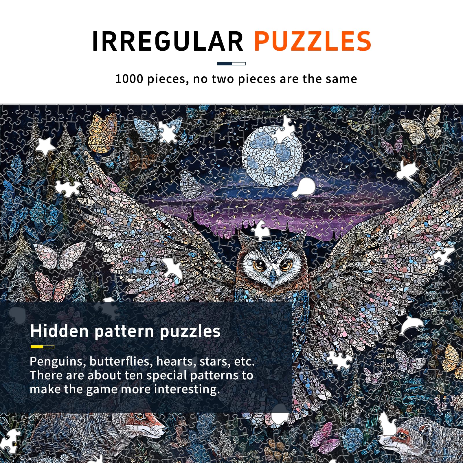 Puzzle da 1000 pezzi per adulti, gufo che si illumina al buio | Enchanted Moonlit Forest Puzzle con farfalle e volpi, stimolante gioco rompicapo a tema natura, 67,6 x 48,8 cm