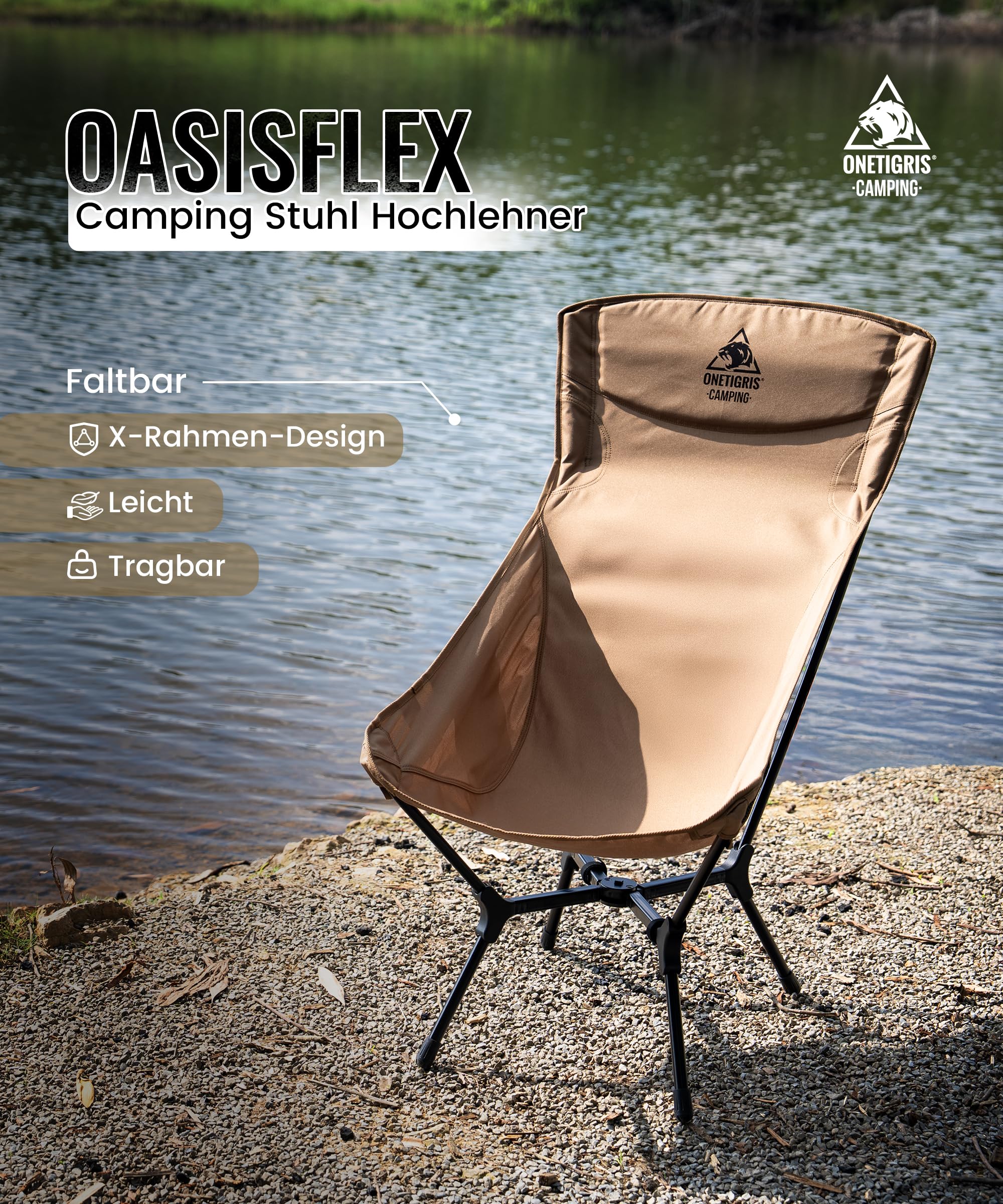 OneTigris OASISFLEX Campingstuhl Hochlehner faltbar 150 kg, Klappstuhl Camping leicht integrierter Kreuzrahmen, Angelstuhl klappbar, Faltstuhl Ultraleicht, mit 2 Seitentaschen für Outdoor, Wandern