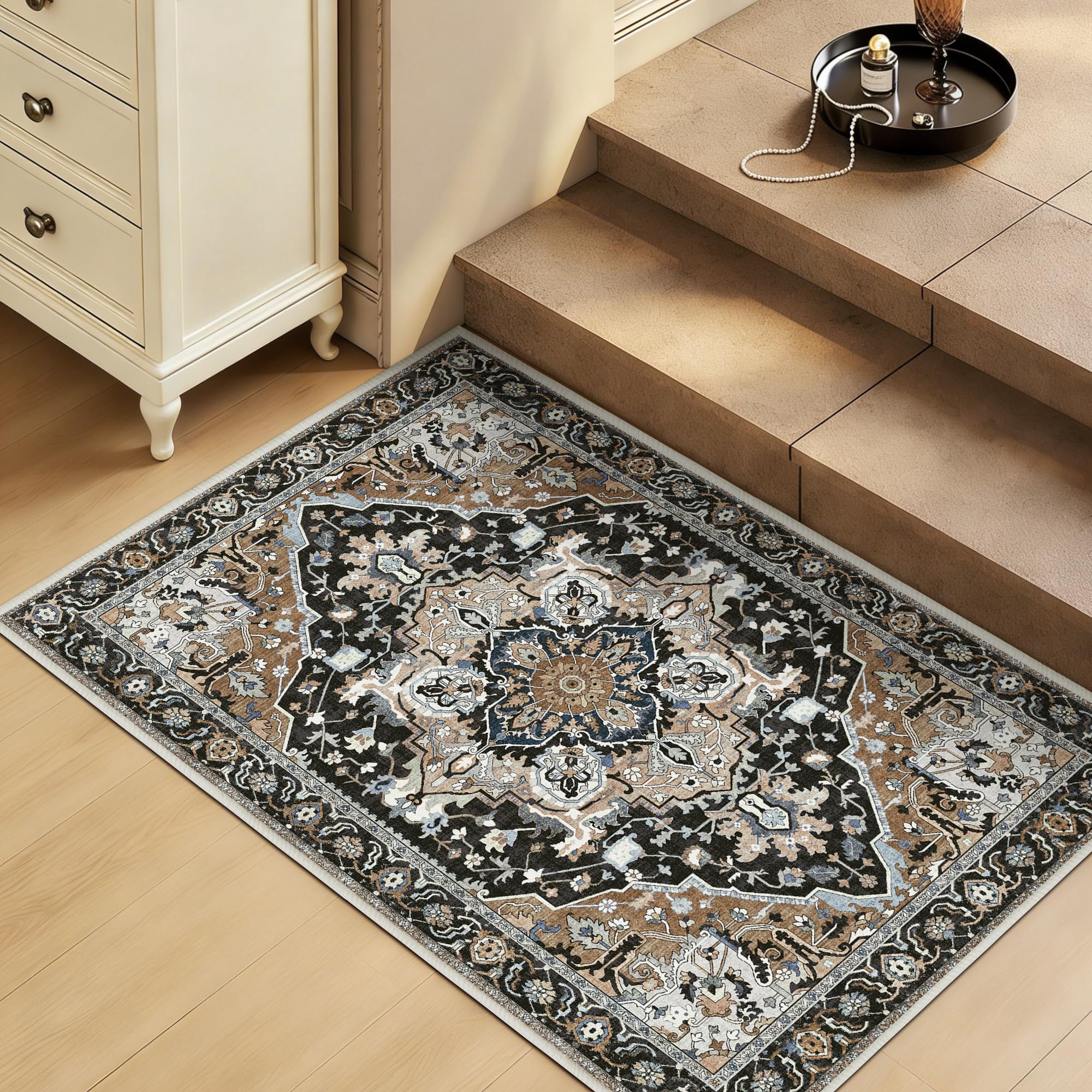 2x3 Black Washable Entry Rug - Non-Slip Rubber Backing Door Mat for Indoor Entryway, Kitchen, Bathroom - Stain & Fade Resistant Small Floral Farmhouse Decor, Black Multi