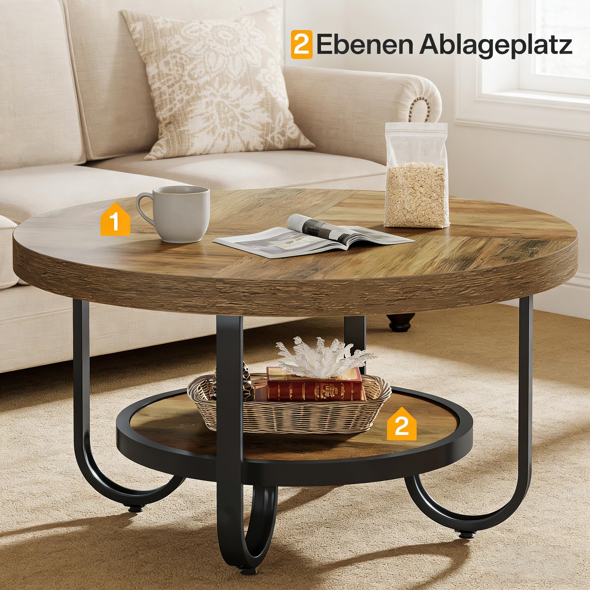 LITTLE TREE Runder Couchtisch Industrial, 2-stöckiger Wohnzimmertisch mit Ablagefach – 79 cm Durchmesser, Braun – Stabiler Sofatisch mit gebogenen Metallbeinen für Home Office & Wohnbereich