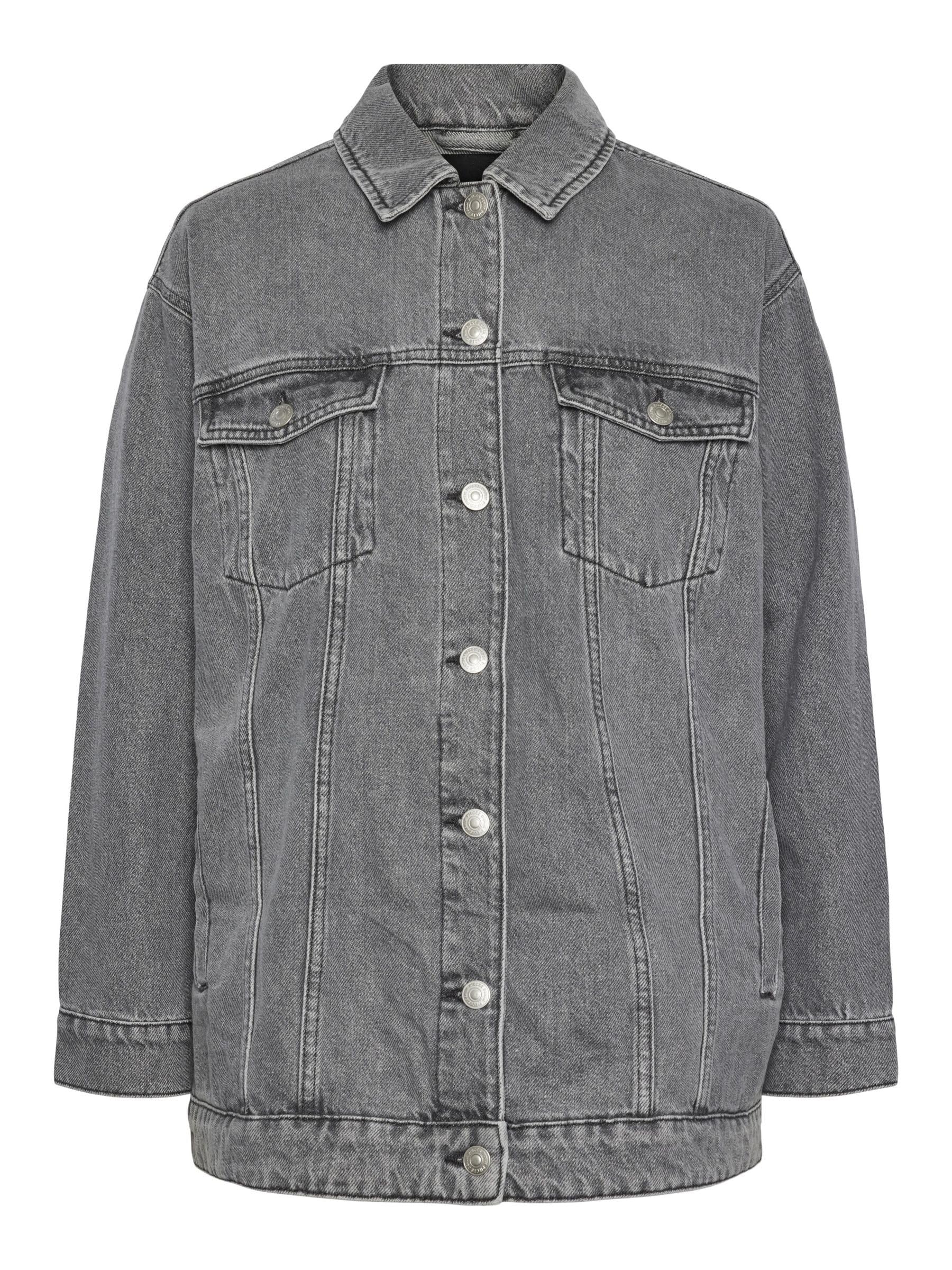 Pieces Women's Gray Pctika Ls Oversize Dnm Jacket Noos Bc Denim Jacket, S