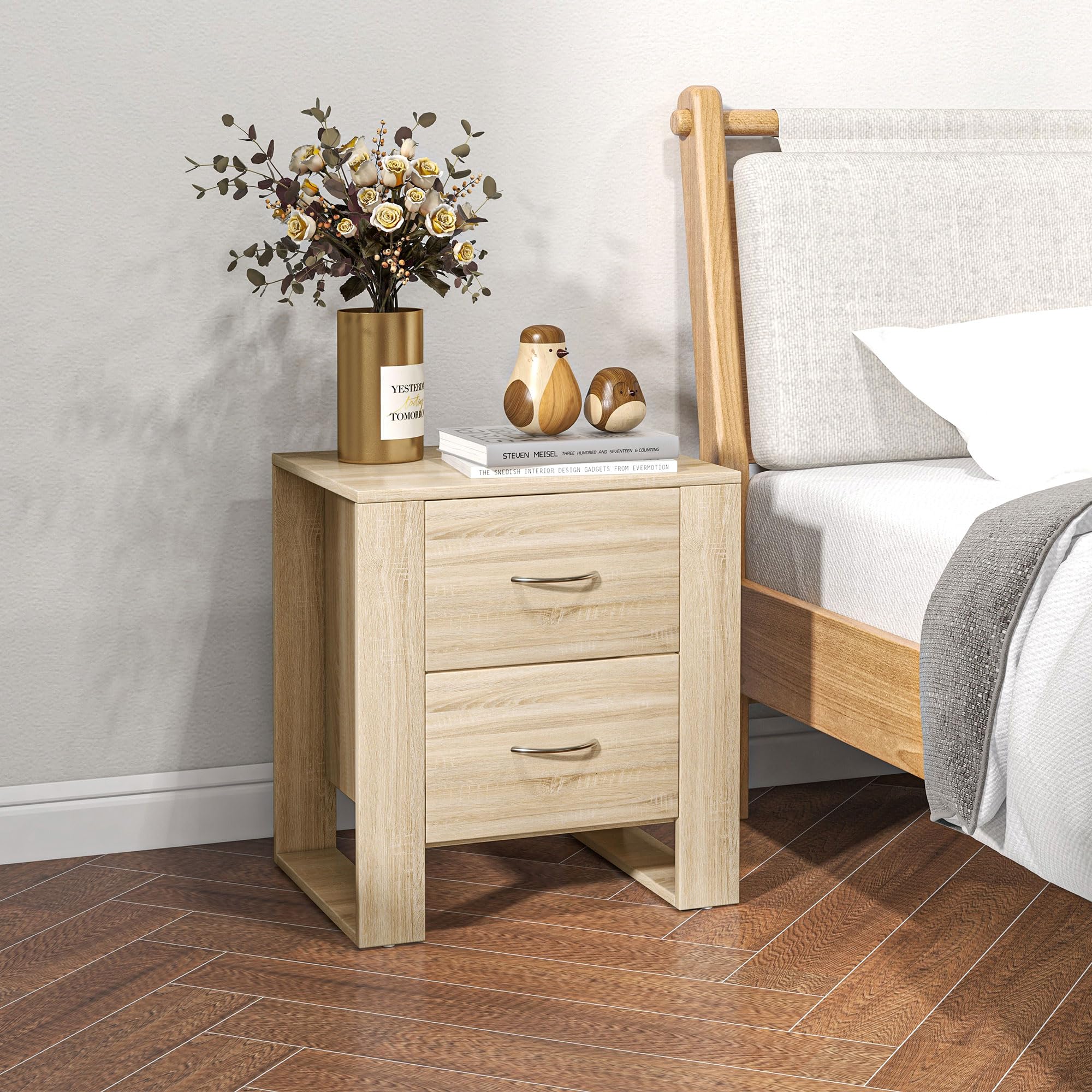 HOMCOM Pack de 2 Mesitas de Noche con 2 Cajones Patas 48x39x54 cm Natural
