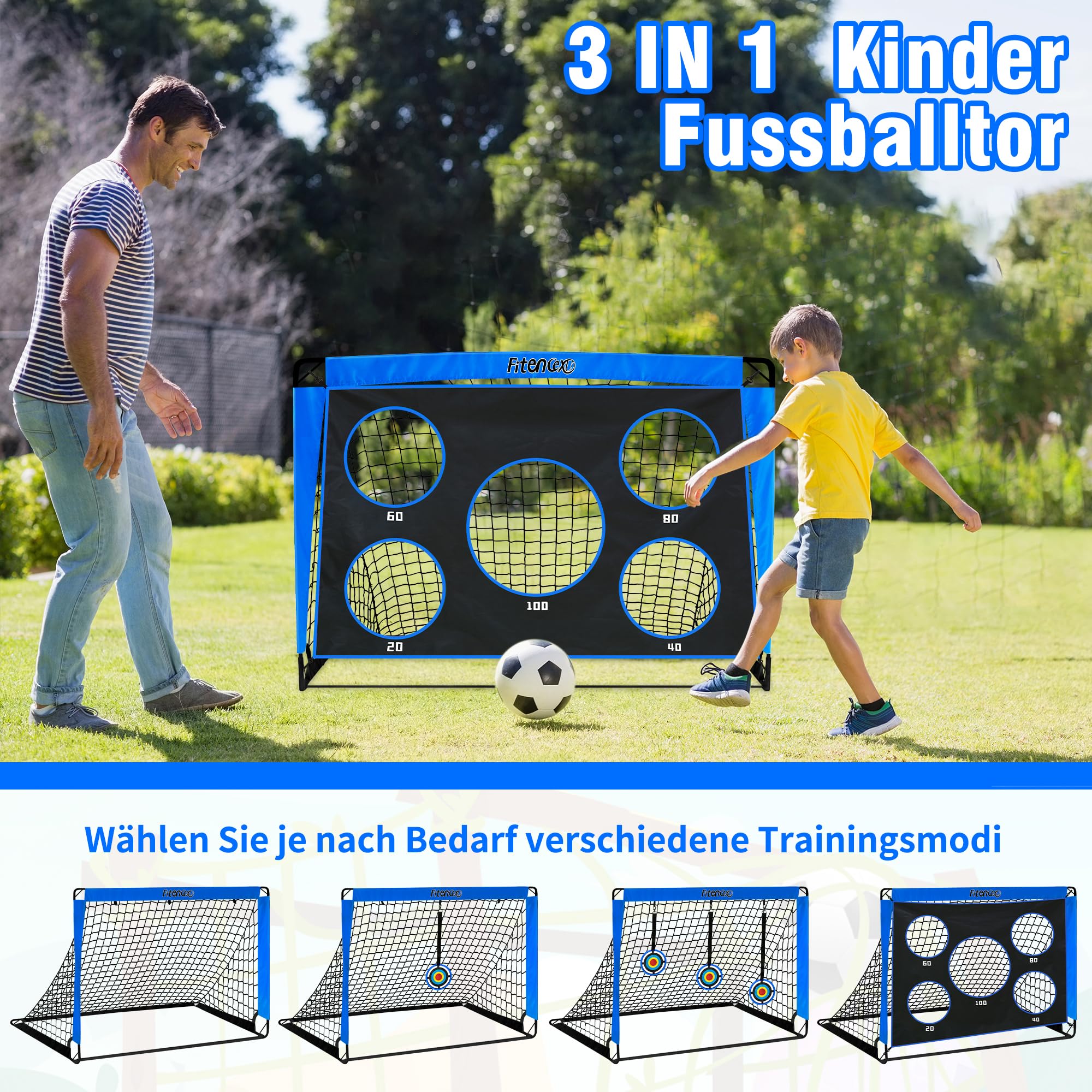 Set porta da calcio per bambini, con 5 fori e 3 bersagli, pieghevole, 120 x 90 cm, 6 ostacoli per l'allenamento per giardino/esterni, con borsa per il trasporto e ancoraggio a terra